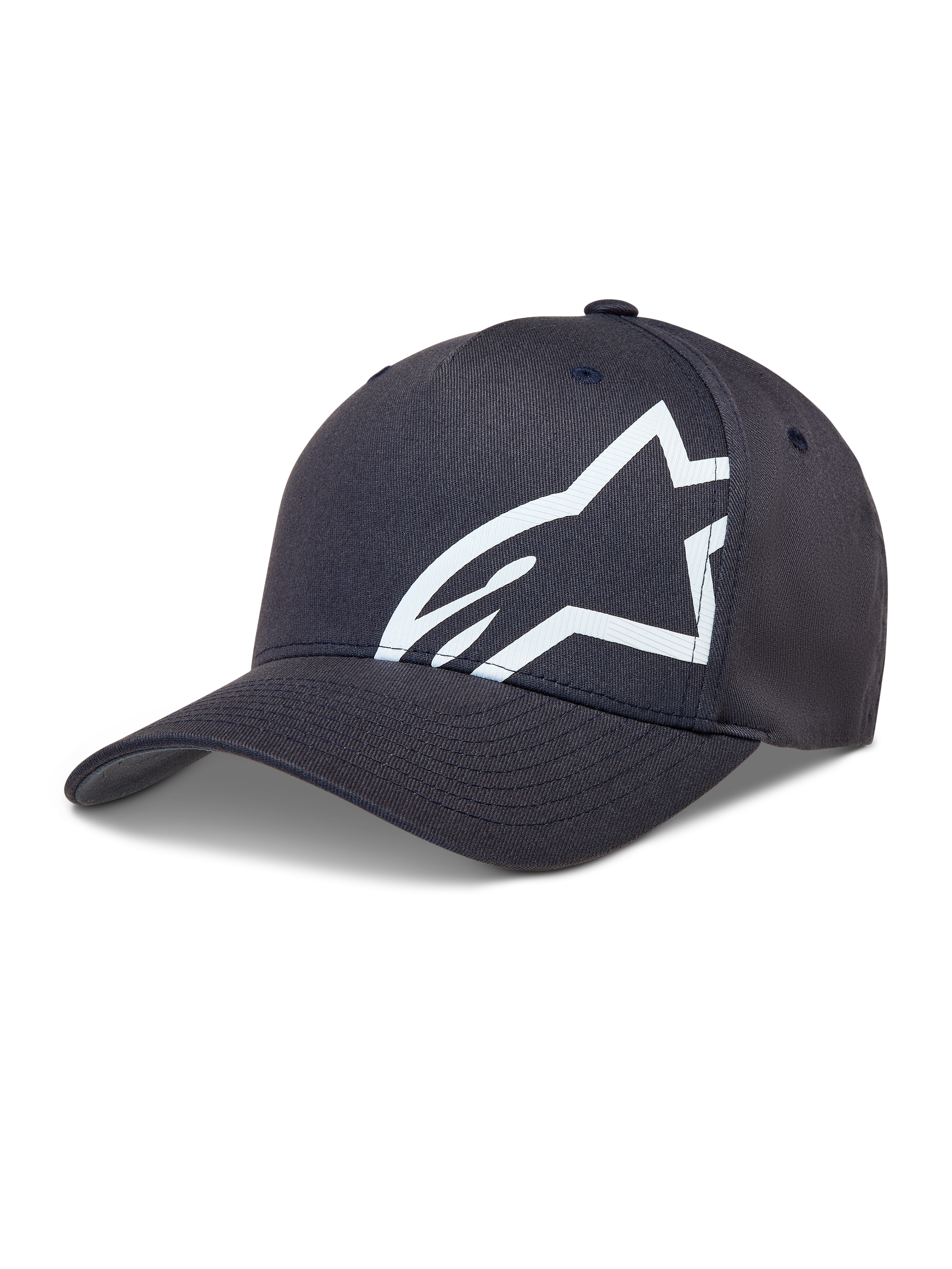 Alpinestars Maze keps, mörkgrå sportkeps med böjd skärm och stor vit texturerad Astars corp shift-logotyp.