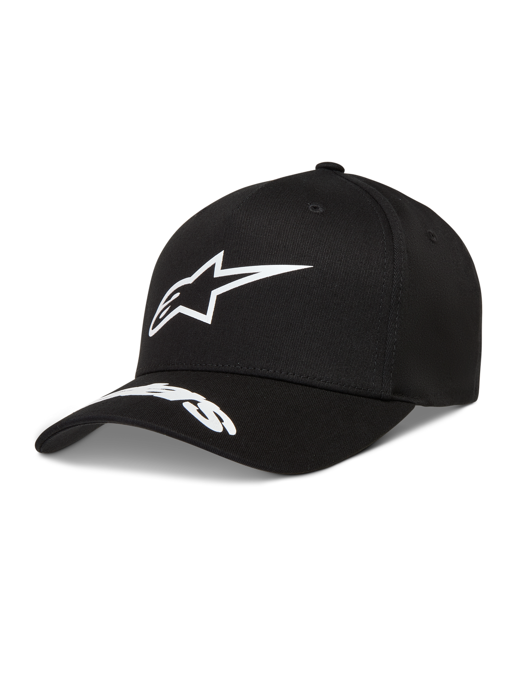 Alpinestars Arclight hatt, svart twillkeps med vit pufftryckt Astars-logotyp och ordlogotyp på den böjda skärmen.