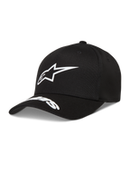 Alpinestars Arclight hatt, svart twillkeps med vit pufftryckt Astars-logotyp och ordlogotyp på den böjda skärmen.