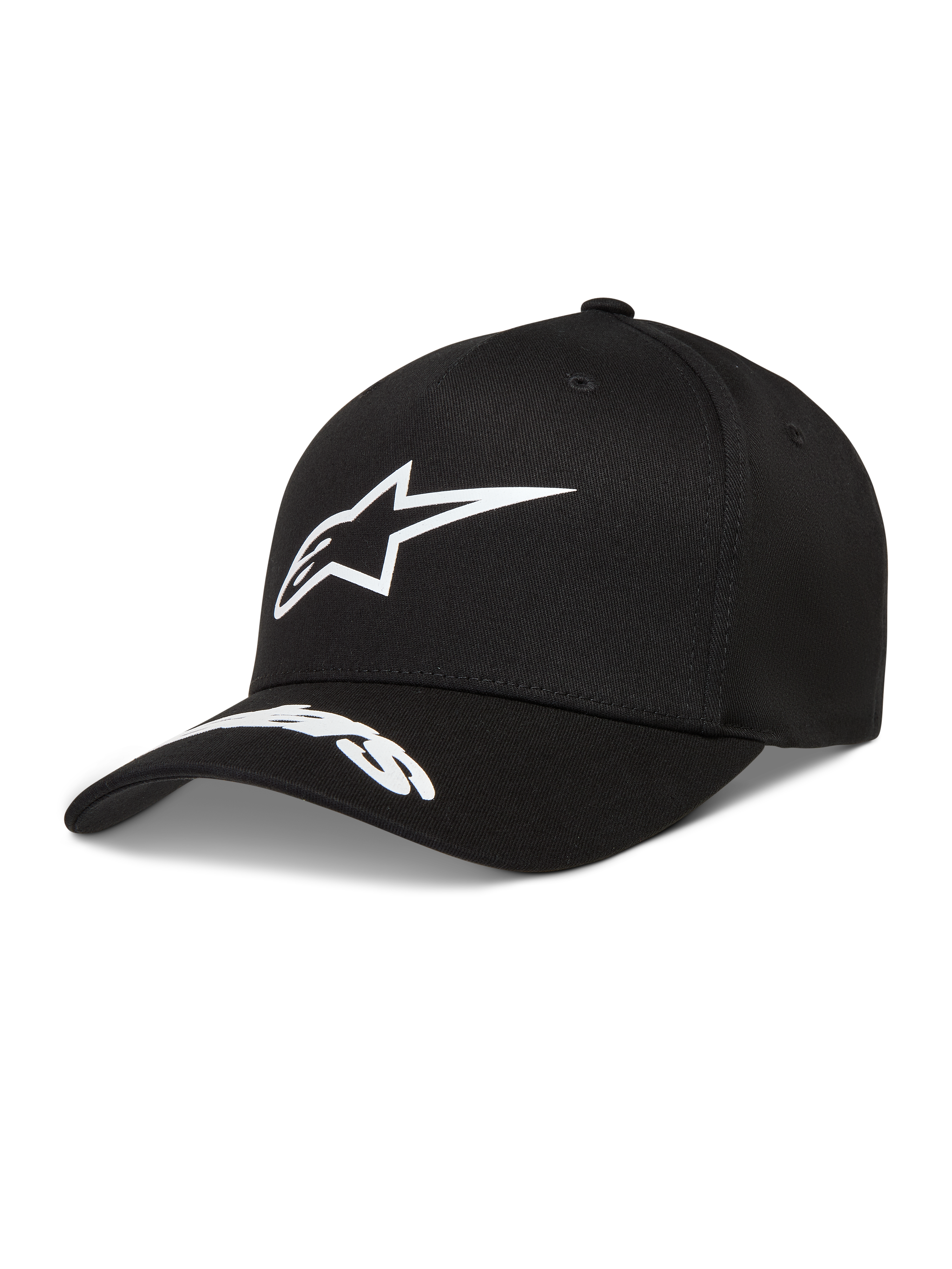 Alpinestars Arclight hatt, svart twillkeps med vit pufftryckt Astars-logotyp och ordlogotyp på den böjda skärmen.