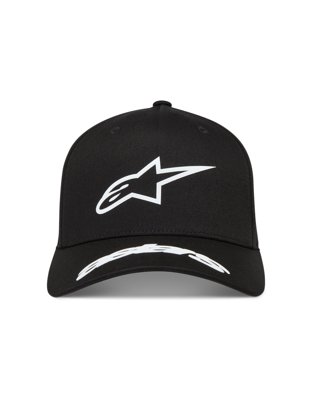 Alpinestars Arclight keps, svart sportkeps i twill med vit texturerad Astars-logotyp och böjd skärm.