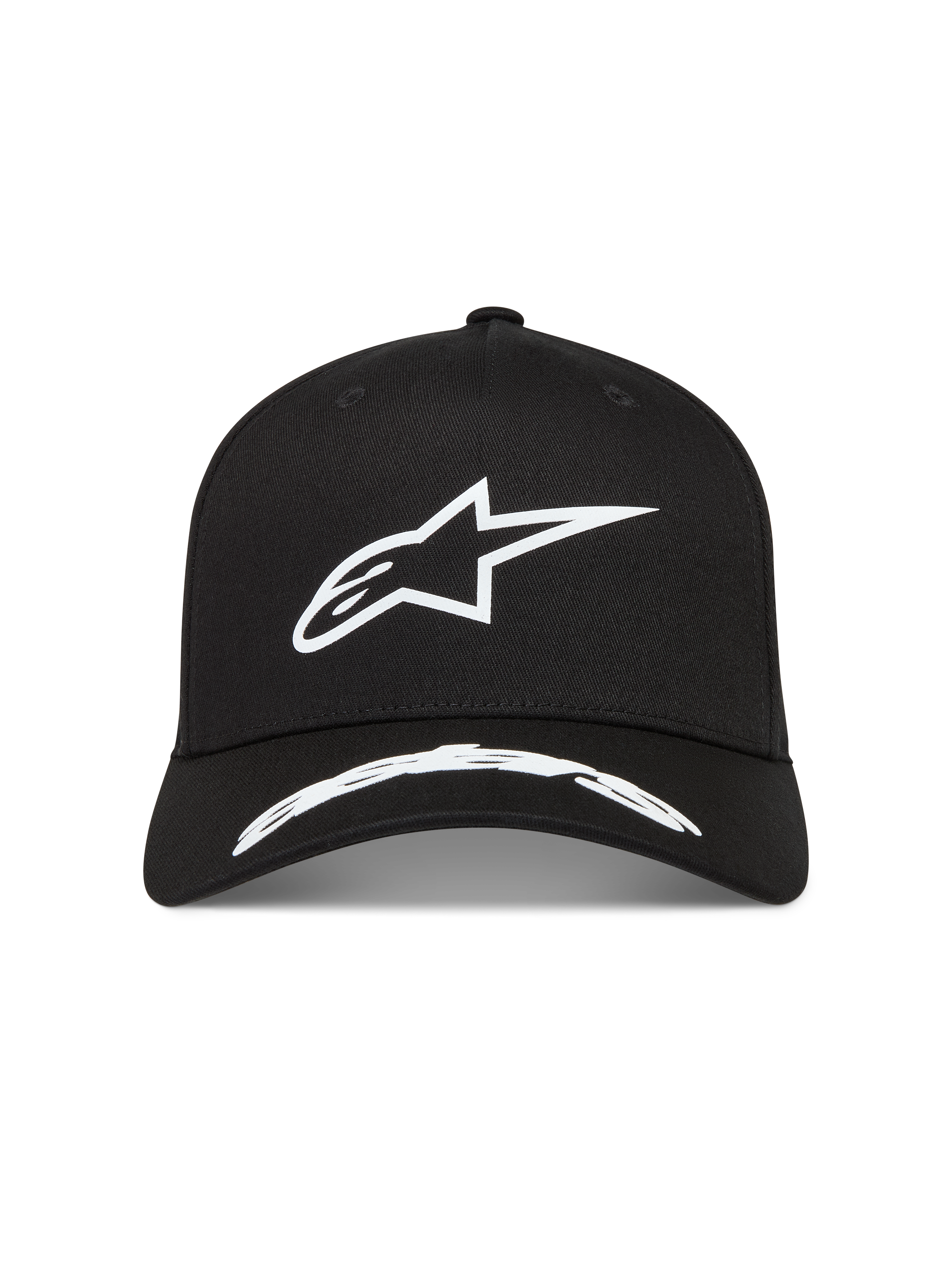 Alpinestars Arclight keps, svart sportkeps i twill med vit texturerad Astars-logotyp och böjd skärm.