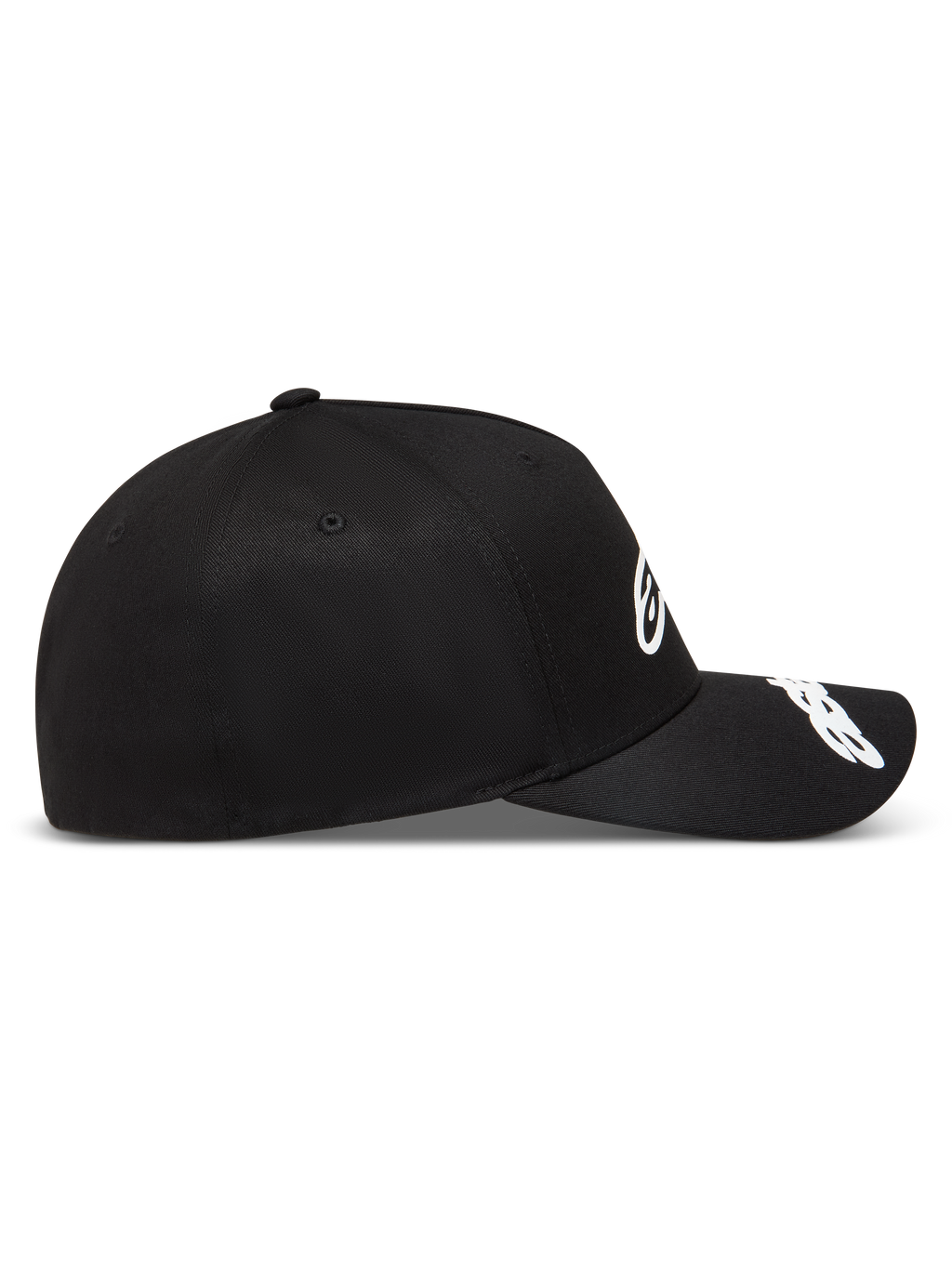 Alpinestars Arclight keps, svart keps med strukturerad krona och vita pufftryckta logotyper på framsidan och skärmen, sportig design i twill.