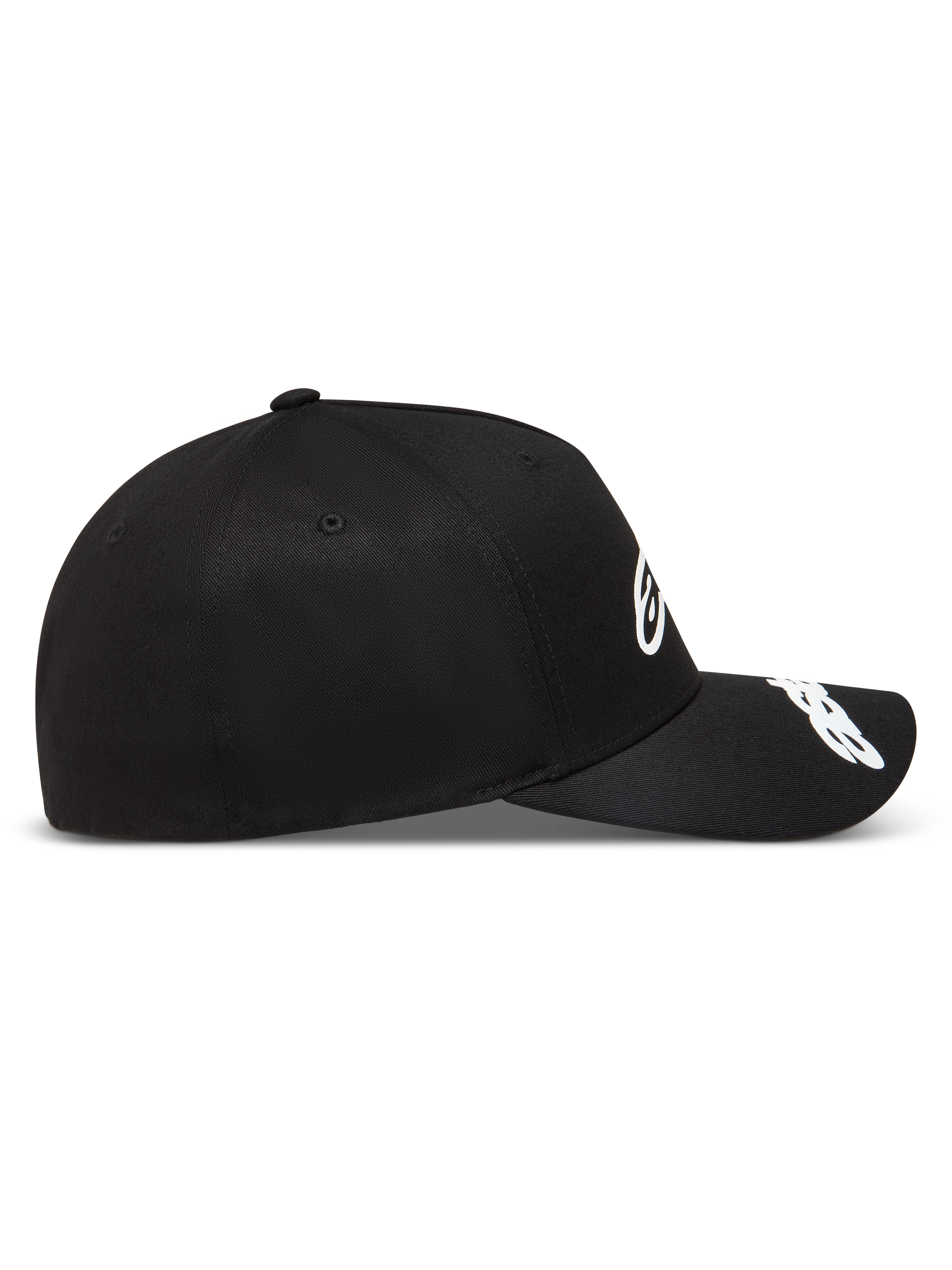 Alpinestars Arclight keps, svart keps med strukturerad krona och vita pufftryckta logotyper på framsidan och skärmen, sportig design i twill.
