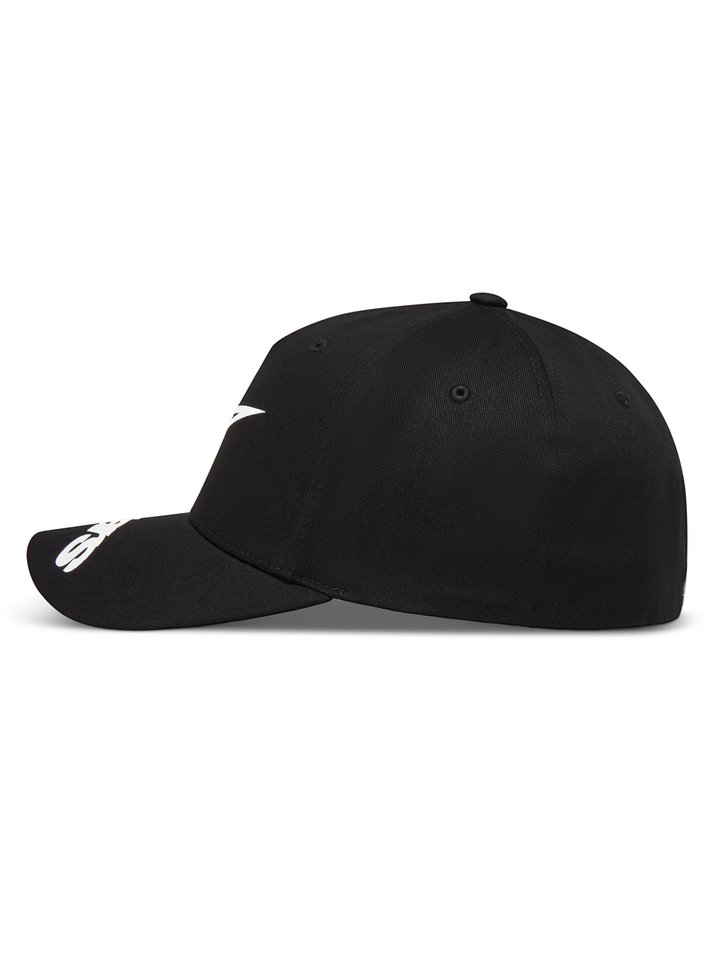 Alpinestars Arclight hatt, svart keps med vit logotyp, böjd skärm och strukturerad krona, sportig design