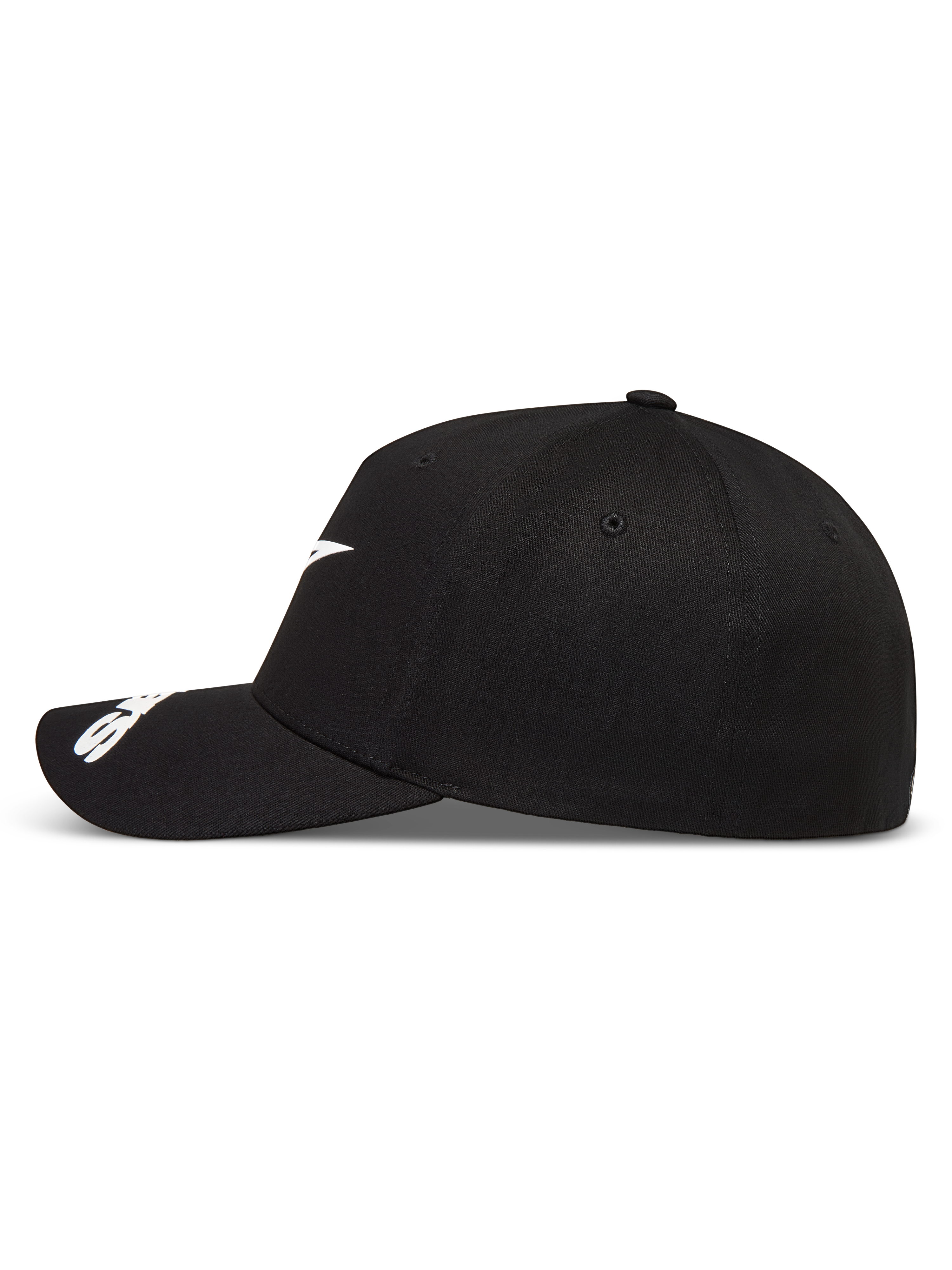 Alpinestars Arclight hatt, svart keps med vit logotyp, böjd skärm och strukturerad krona, sportig design