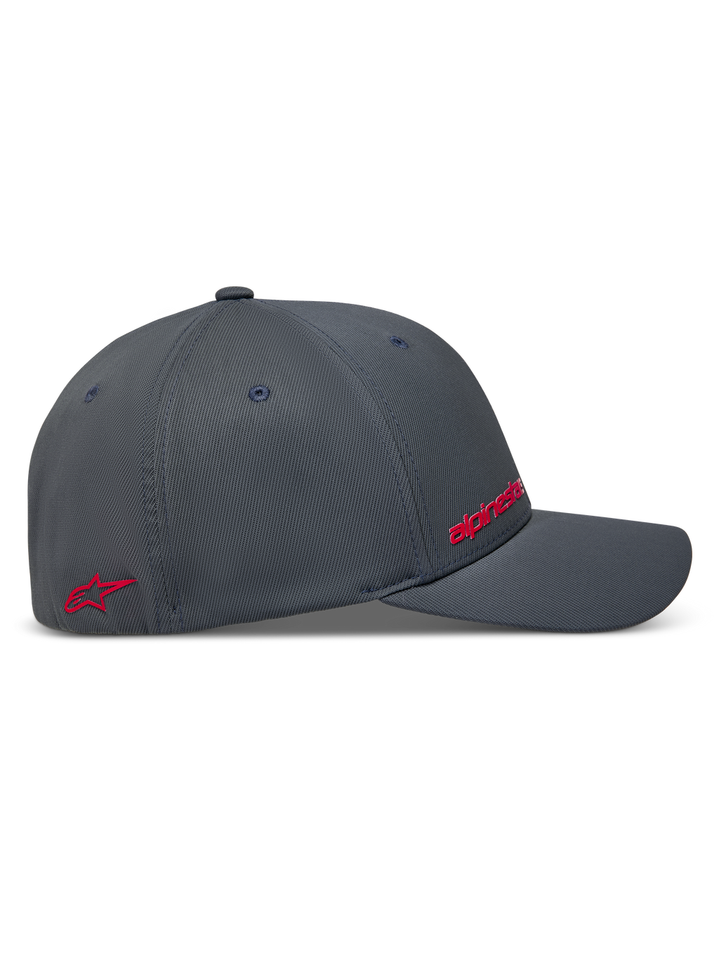 Alpinestars Points keps, mörkgrå sportkeps i nylon tactel, sidovy med röda HD-logotyper, slitstark och funktionell motorsportstil.