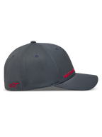 Alpinestars Points keps, mörkgrå sportkeps i nylon tactel, sidovy med röda HD-logotyper, slitstark och funktionell motorsportstil.