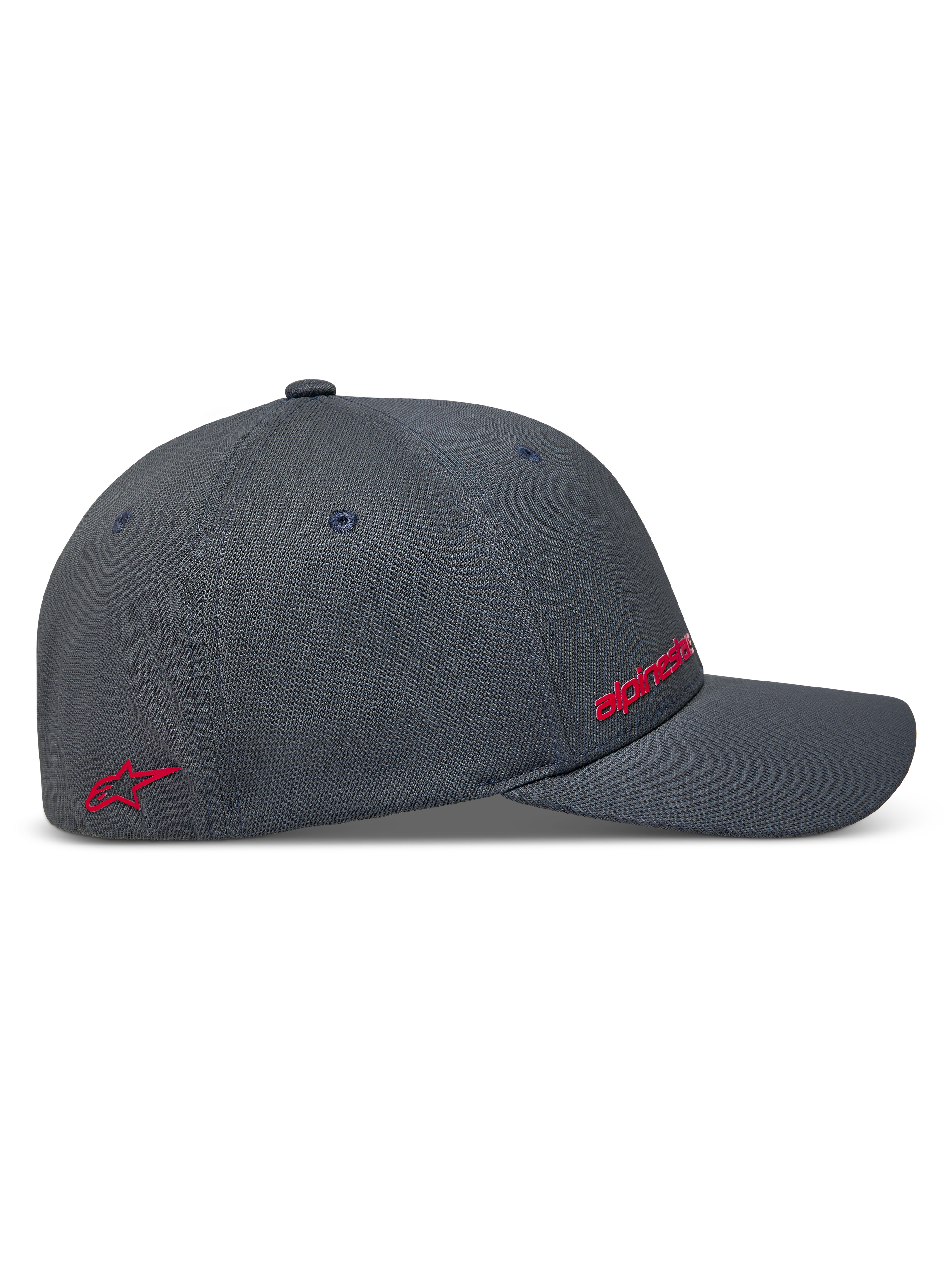 Alpinestars Points keps, mörkgrå sportkeps i nylon tactel, sidovy med röda HD-logotyper, slitstark och funktionell motorsportstil.