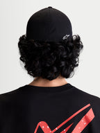 Alpinestars Points Hat, Sportswear Flex Back Cap, Unisex, Black and White, lightweight nylon tactel construction, rear view on model featuring the white Astars HD logo print.