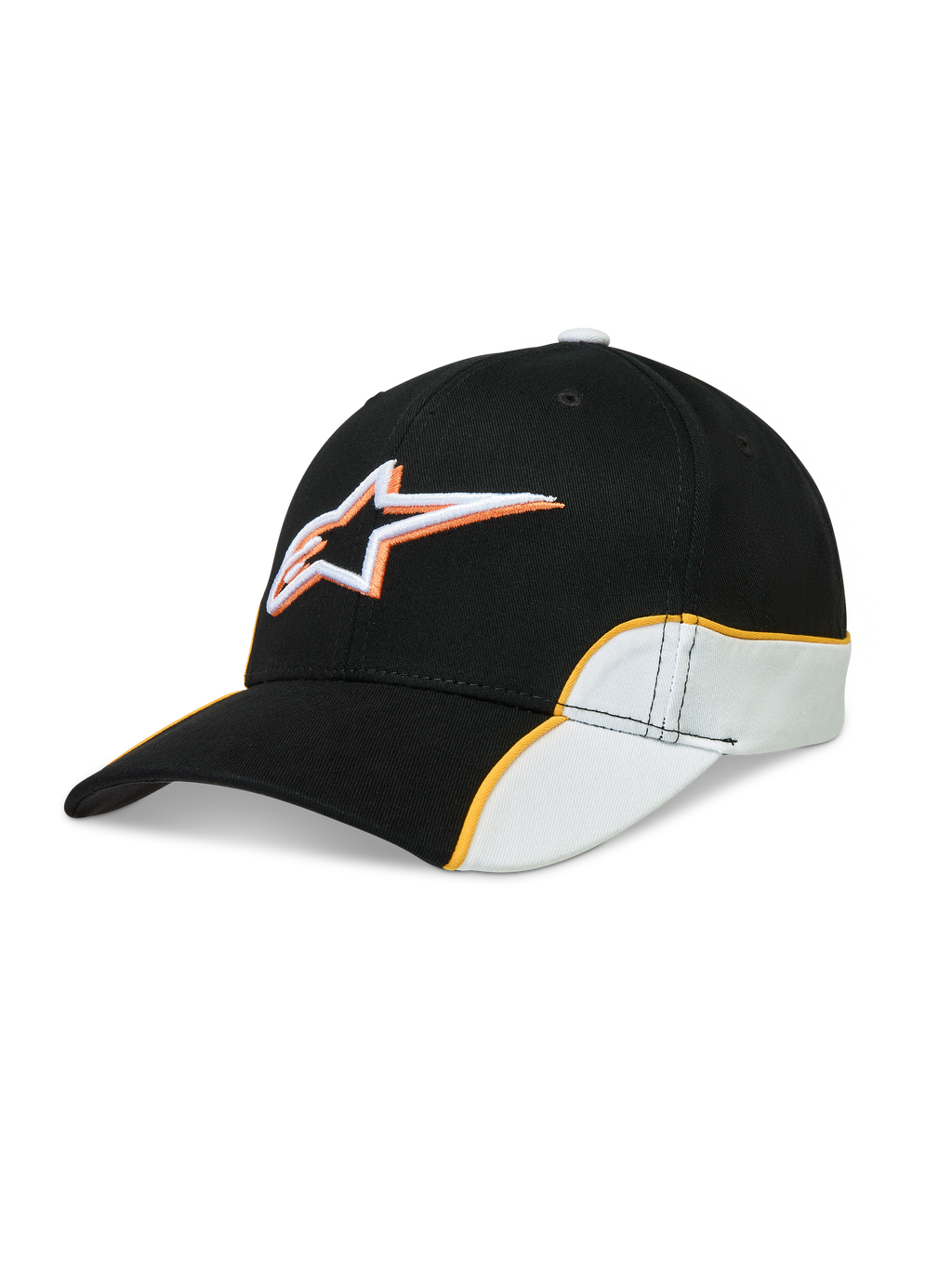 Alpinestars 500 Snapback keps, svart och vit motorsportkeps med orange kontrasterande passpoal, 3D-broderad Astars-logotyp, böjd skärm och strukturerad krona i slitstark bomullstwill, unisex sportswear.
