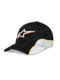Alpinestars 500 Snapback keps, svart och vit motorsportkeps med orange kontrasterande passpoal, 3D-broderad Astars-logotyp, böjd skärm och strukturerad krona i slitstark bomullstwill, unisex sportswear.