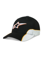 Alpinestars 500 Snapback keps, svart och vit motorsportkeps med orange kontrasterande passpoal, 3D-broderad Astars-logotyp, böjd skärm och strukturerad krona i slitstark bomullstwill, unisex sportswear.