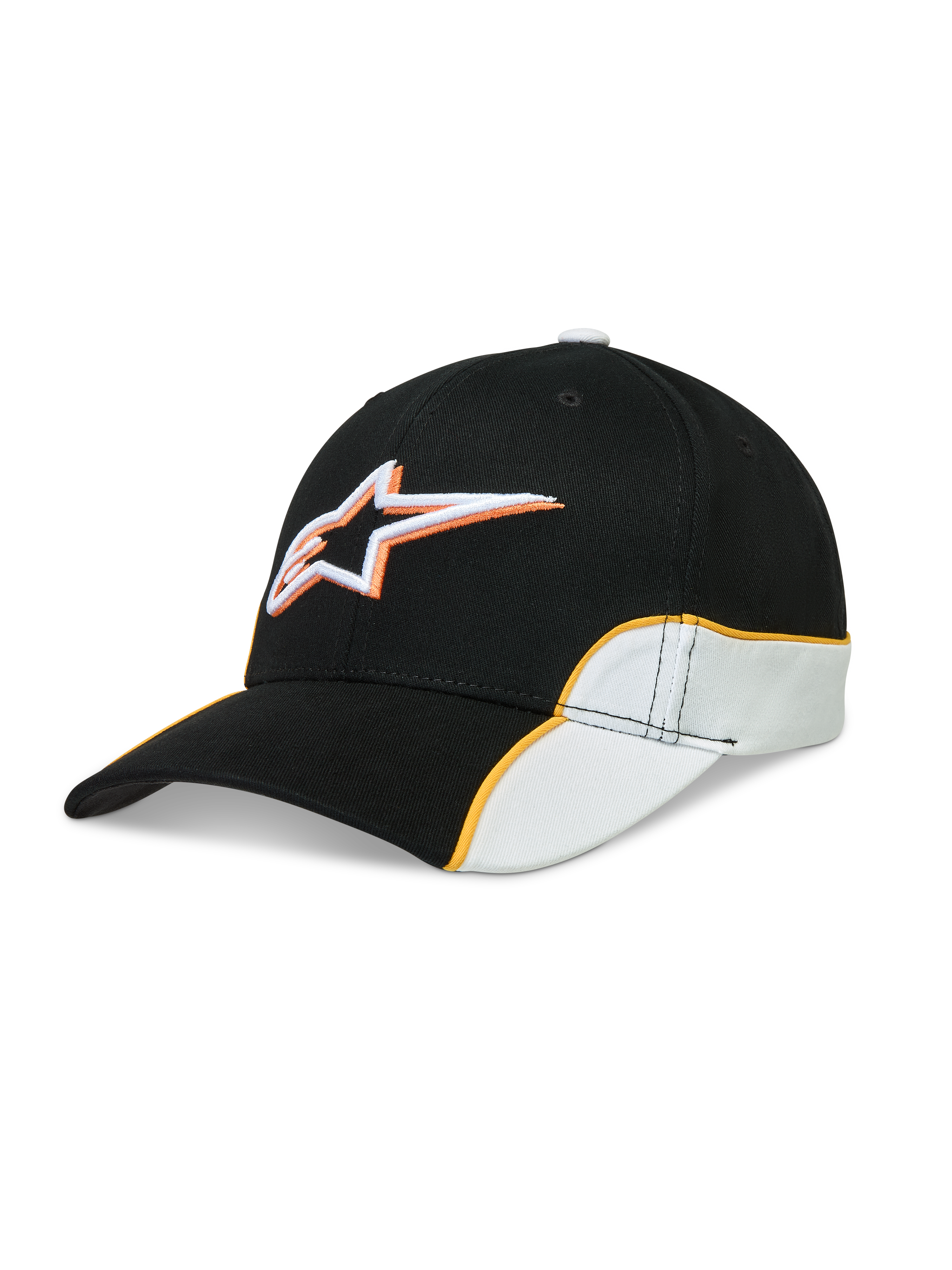 Alpinestars 500 Snapback keps, svart och vit motorsportkeps med orange kontrasterande passpoal, 3D-broderad Astars-logotyp, böjd skärm och strukturerad krona i slitstark bomullstwill, unisex sportswear.
