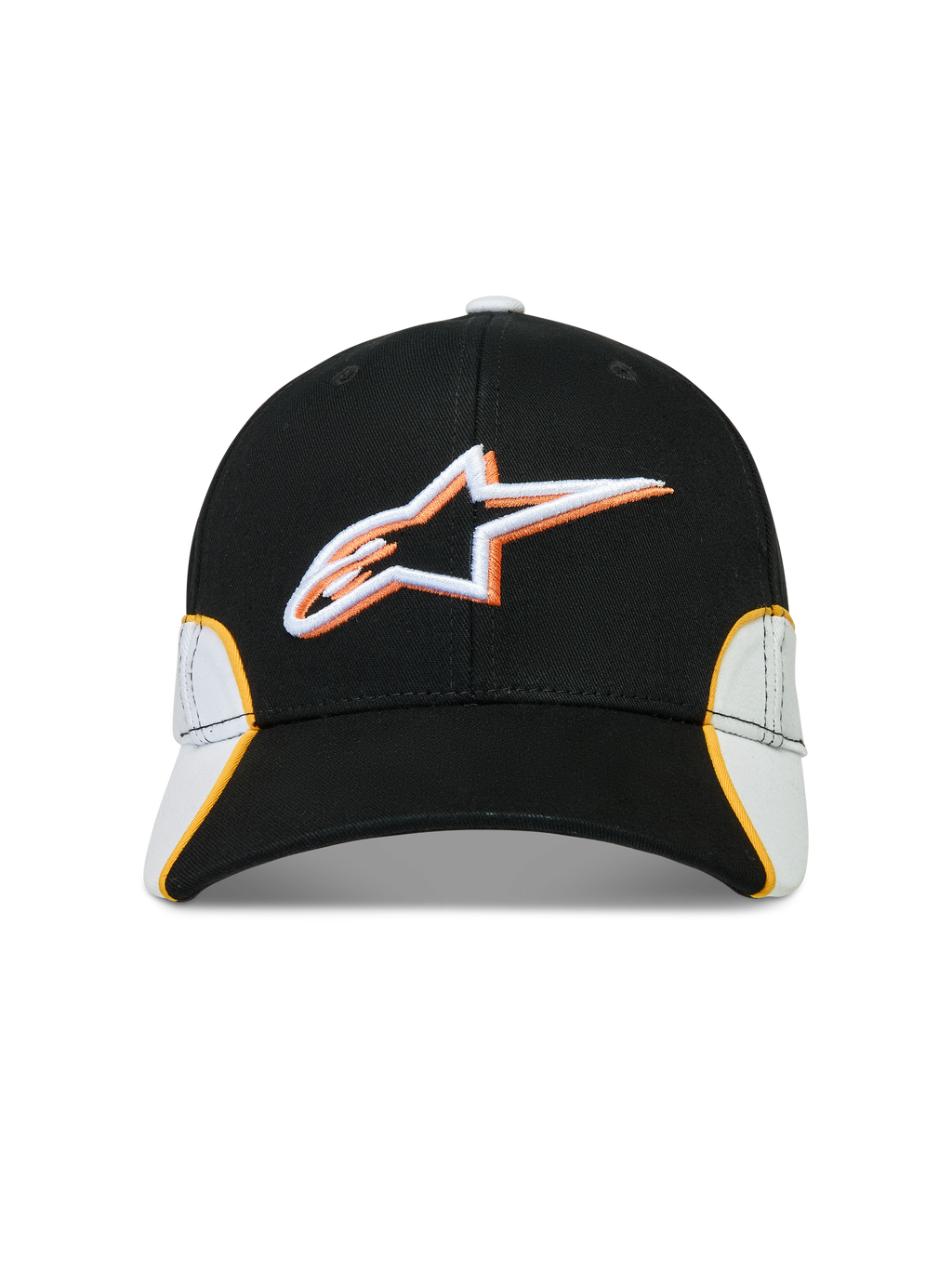 Alpinestars 500 Snapback keps, motorsportinspirerad sportswear-keps, svart med vita och orangea detaljer, 3D-broderad Astars-logotyp, böjd skärm och strukturerad krona i bomullstwill.