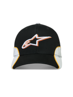 Alpinestars 500 Snapback keps, motorsportinspirerad sportswear-keps, svart med vita och orangea detaljer, 3D-broderad Astars-logotyp, böjd skärm och strukturerad krona i bomullstwill.