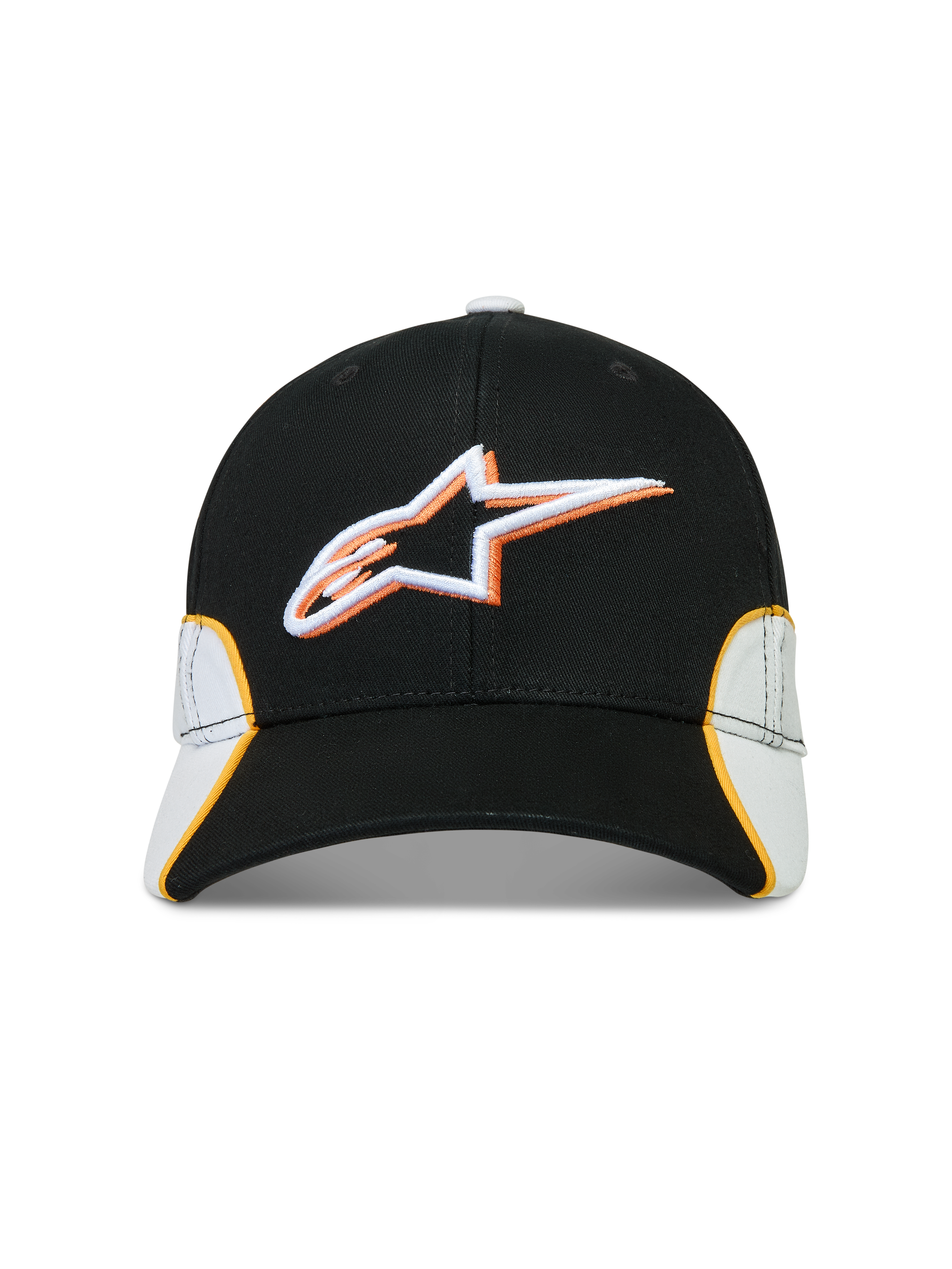 Alpinestars 500 Snapback keps, motorsportinspirerad sportswear-keps, svart med vita och orangea detaljer, 3D-broderad Astars-logotyp, böjd skärm och strukturerad krona i bomullstwill.