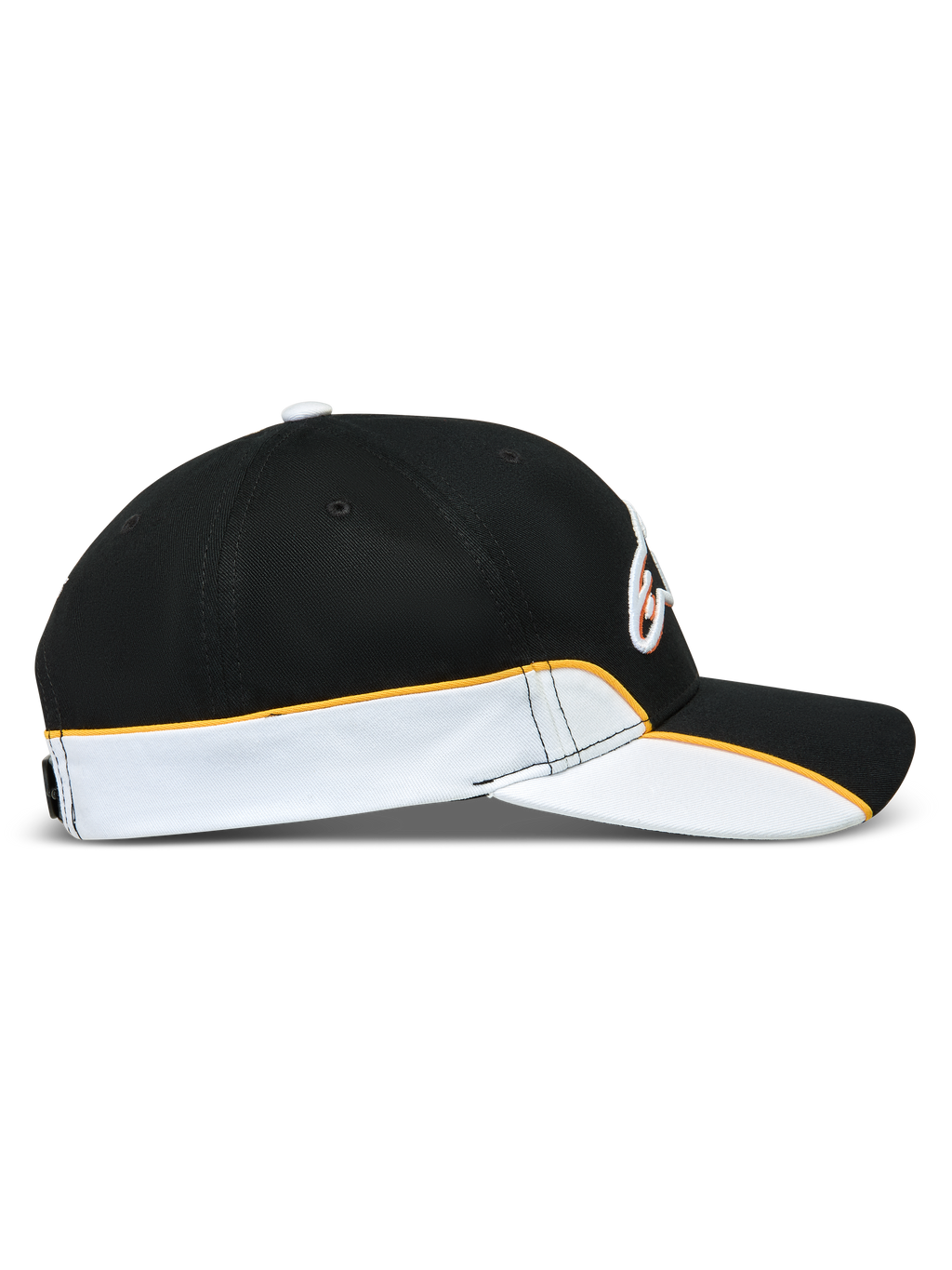 Alpinestars 500 Snapback keps, motorsport-inspirerad keps, svart och vit med orange detaljer, sidoprofil med böjd skärm, strukturerad krona och kontrasterande passpoal.