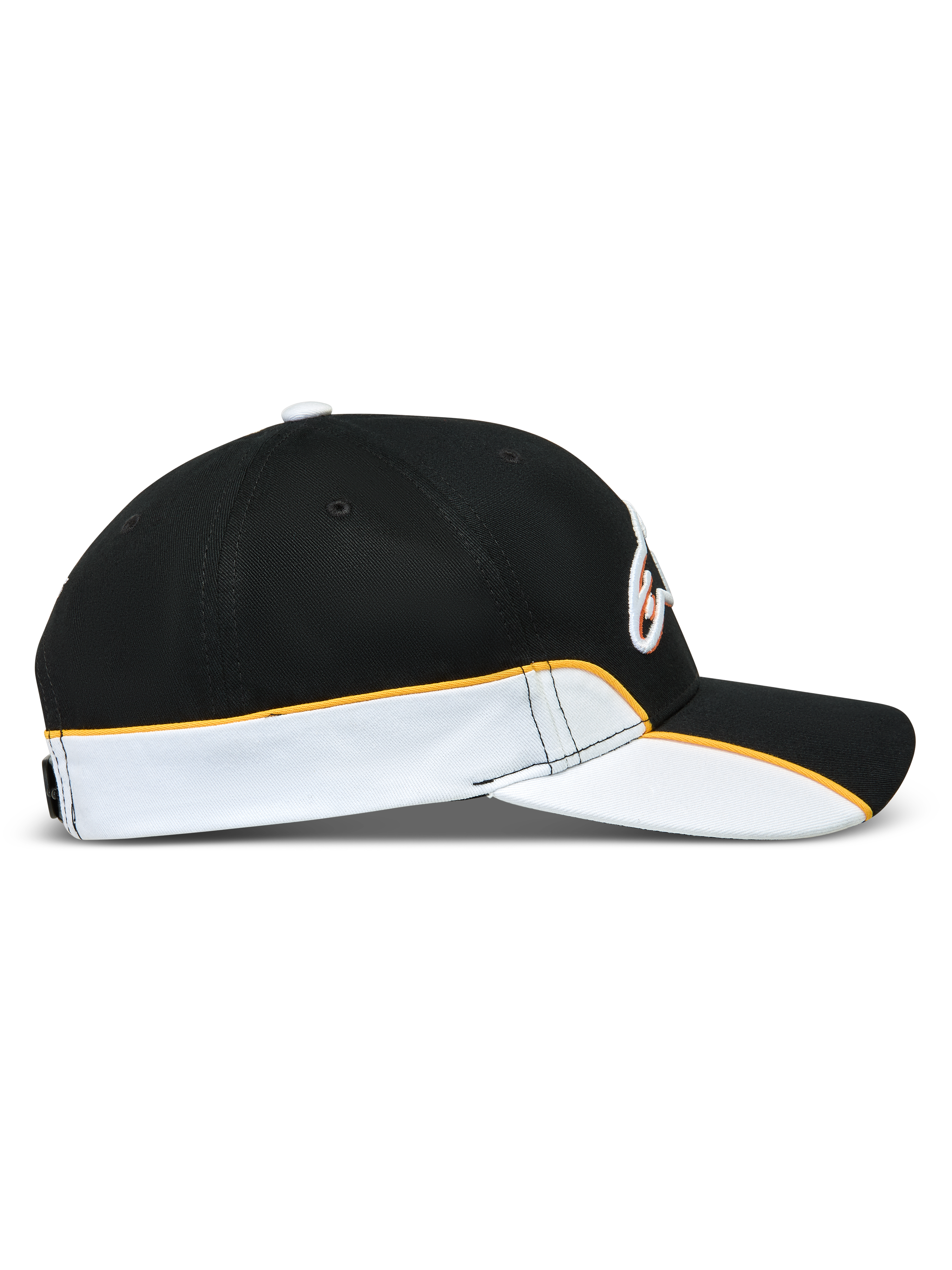 Alpinestars 500 Snapback keps, motorsport-inspirerad keps, svart och vit med orange detaljer, sidoprofil med böjd skärm, strukturerad krona och kontrasterande passpoal.