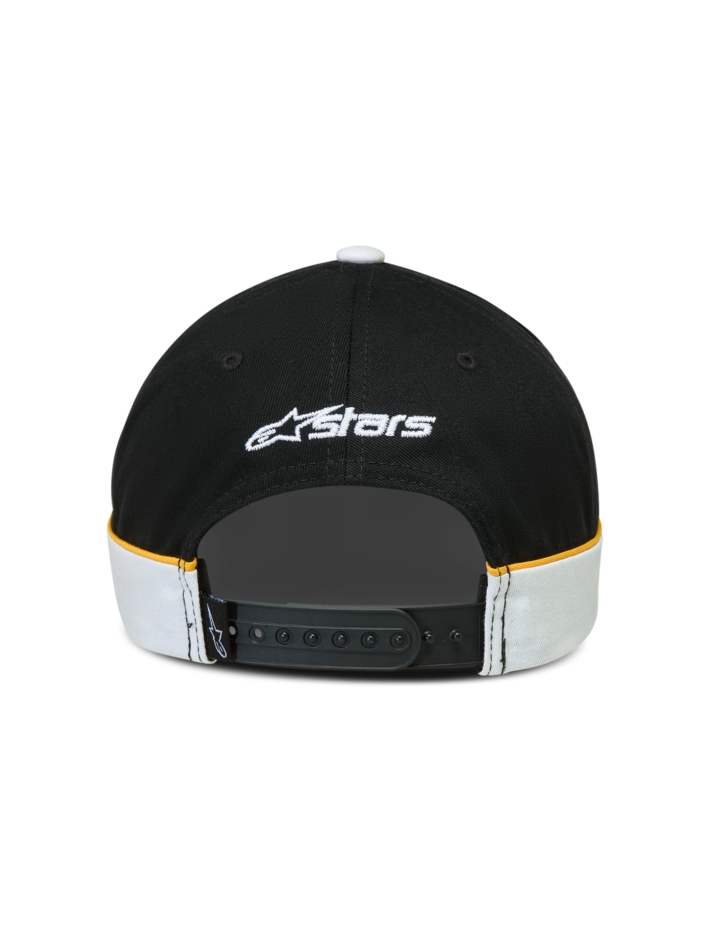 Alpinestars 500 Snapback keps, sportswear lifestyle-keps, svart och vit med gula accenter, justerbar snapback-stängning, sedd bakifrån med vit broderad Astars-logotyp och skär-och-sy-detaljer med kontrasterande passpoaler