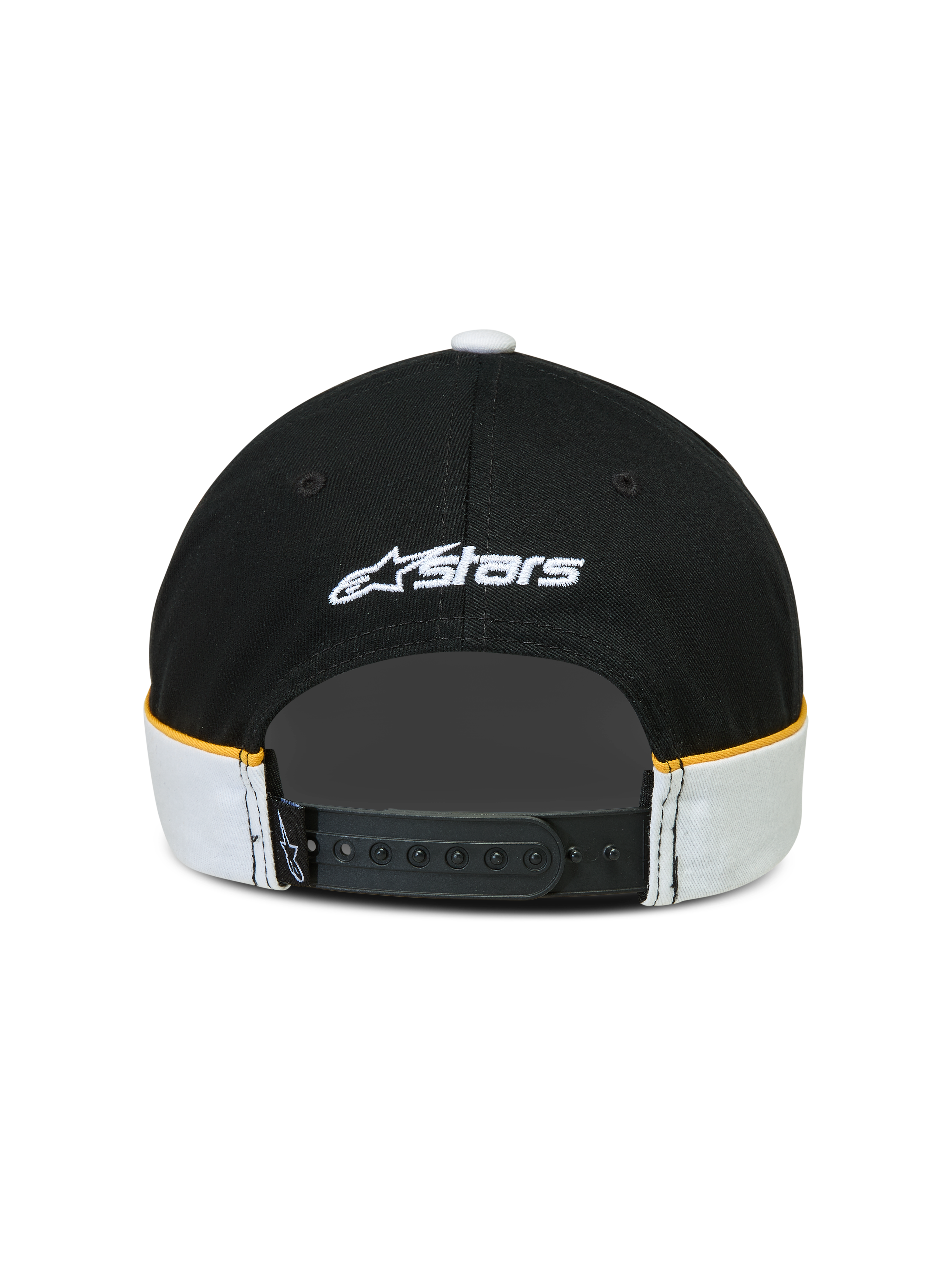 Alpinestars 500 Snapback keps, sportswear lifestyle-keps, svart och vit med gula accenter, justerbar snapback-stängning, sedd bakifrån med vit broderad Astars-logotyp och skär-och-sy-detaljer med kontrasterande passpoaler