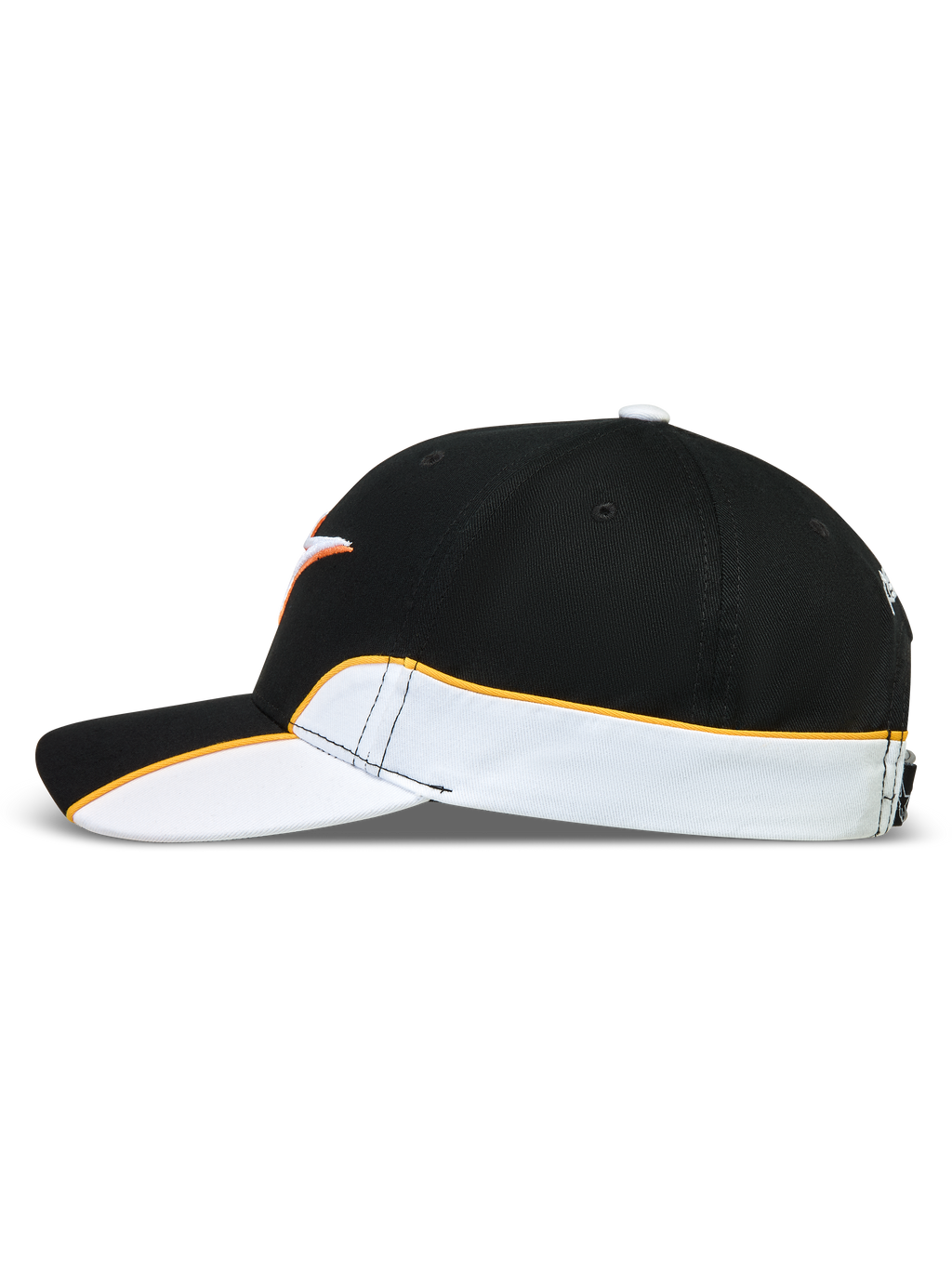Alpinestars 500 Snapback keps, motorsport-inspirerad keps för vardagsbruk, unisex, svart och vit med orange kontrasterande passpoal, böjd skärm och strukturerad krona, tillverkad i slitstark bomullstwill, sidovy med skär-och-sy-detaljer.