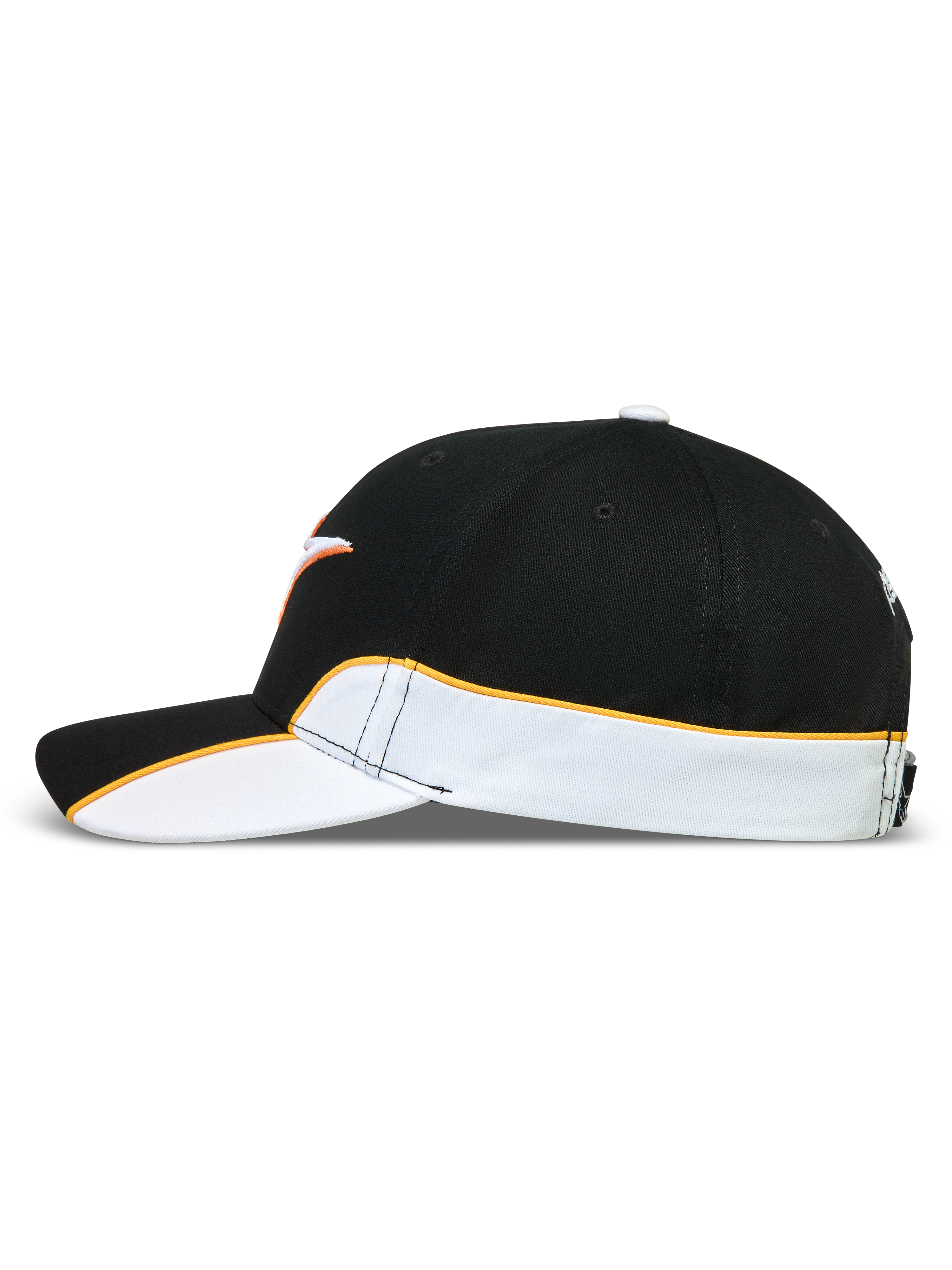 Alpinestars 500 Snapback keps, motorsport-inspirerad keps för vardagsbruk, unisex, svart och vit med orange kontrasterande passpoal, böjd skärm och strukturerad krona, tillverkad i slitstark bomullstwill, sidovy med skär-och-sy-detaljer.