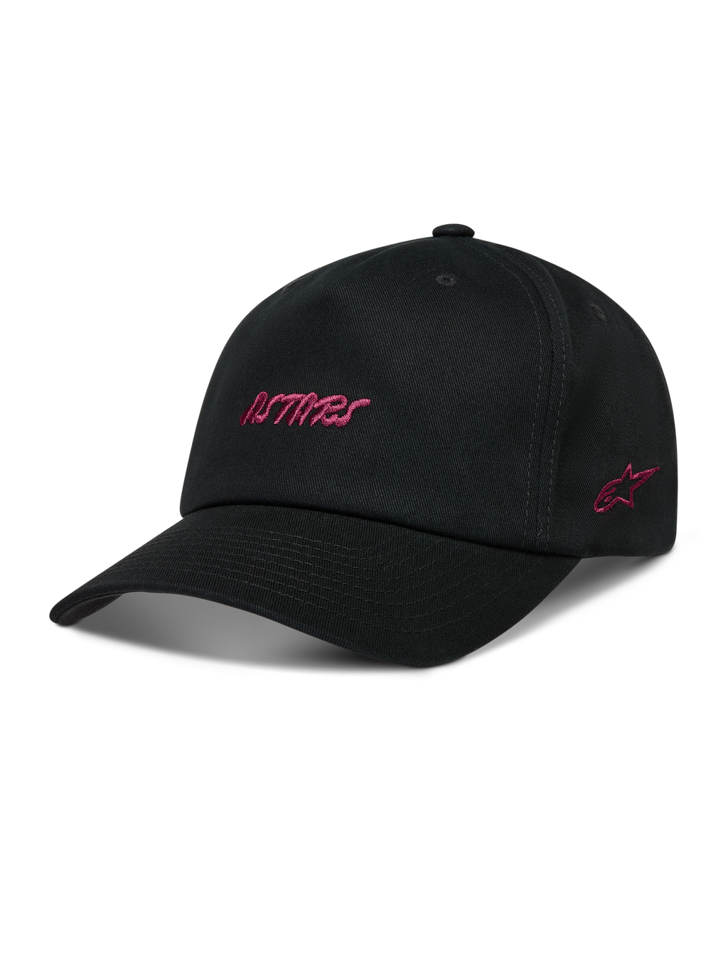 Alpinestars Explorer Strapback hatt, svart keps med rosa Astars-logotypbroderi och strukturerad krona.