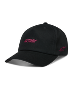 Alpinestars Explorer Strapback hatt, svart keps med rosa Astars-logotypbroderi och strukturerad krona.