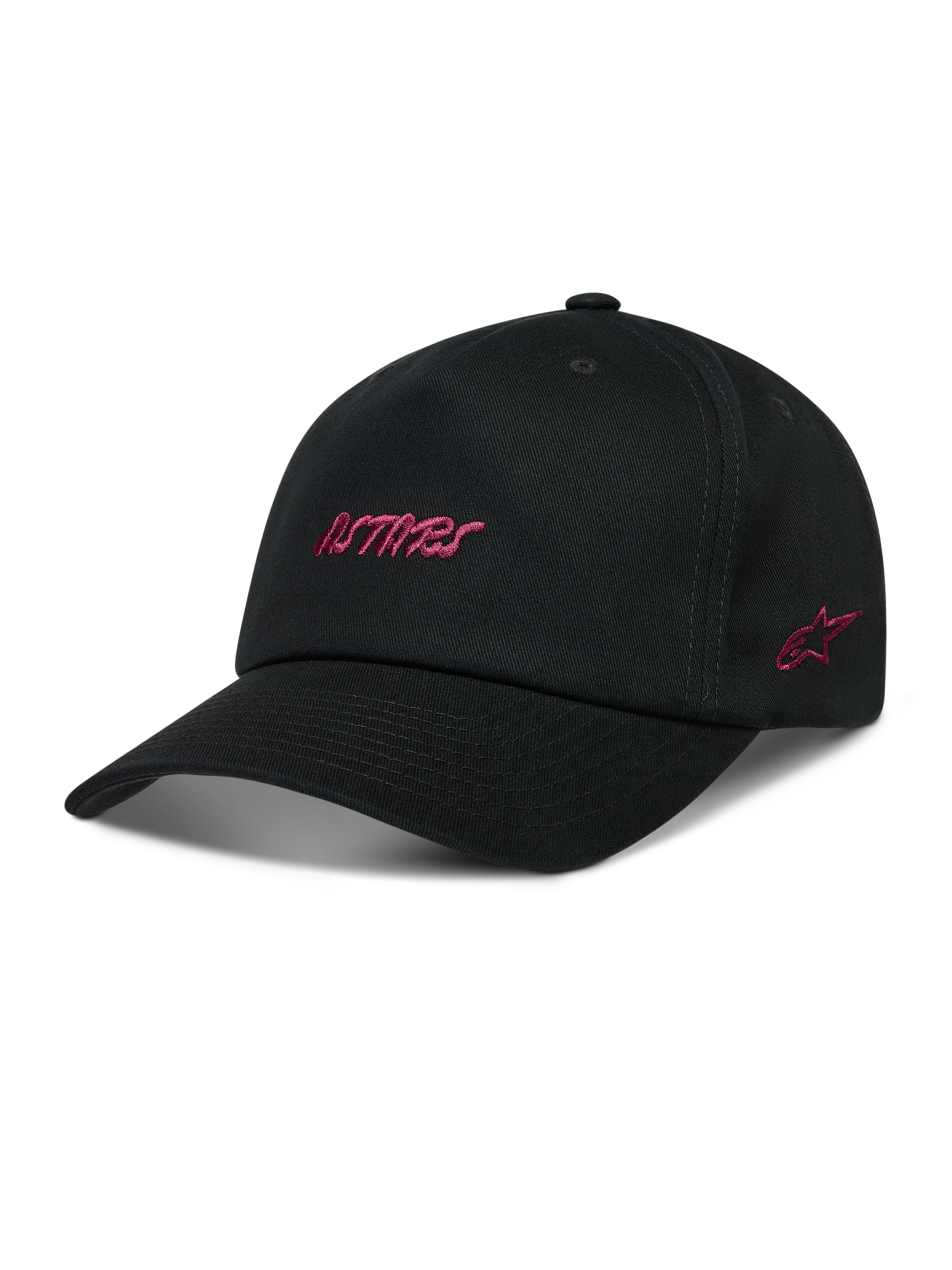Alpinestars Explorer Strapback hatt, svart keps med rosa Astars-logotypbroderi och strukturerad krona.
