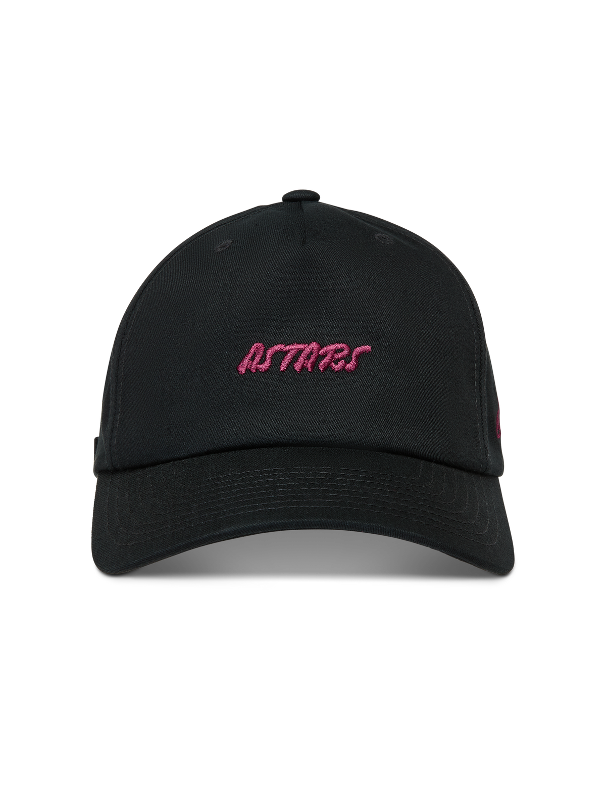 Alpinestars Explorer Strapback hatt, svart keps med rosa broderad Astars-logotyp och böjd skärm.