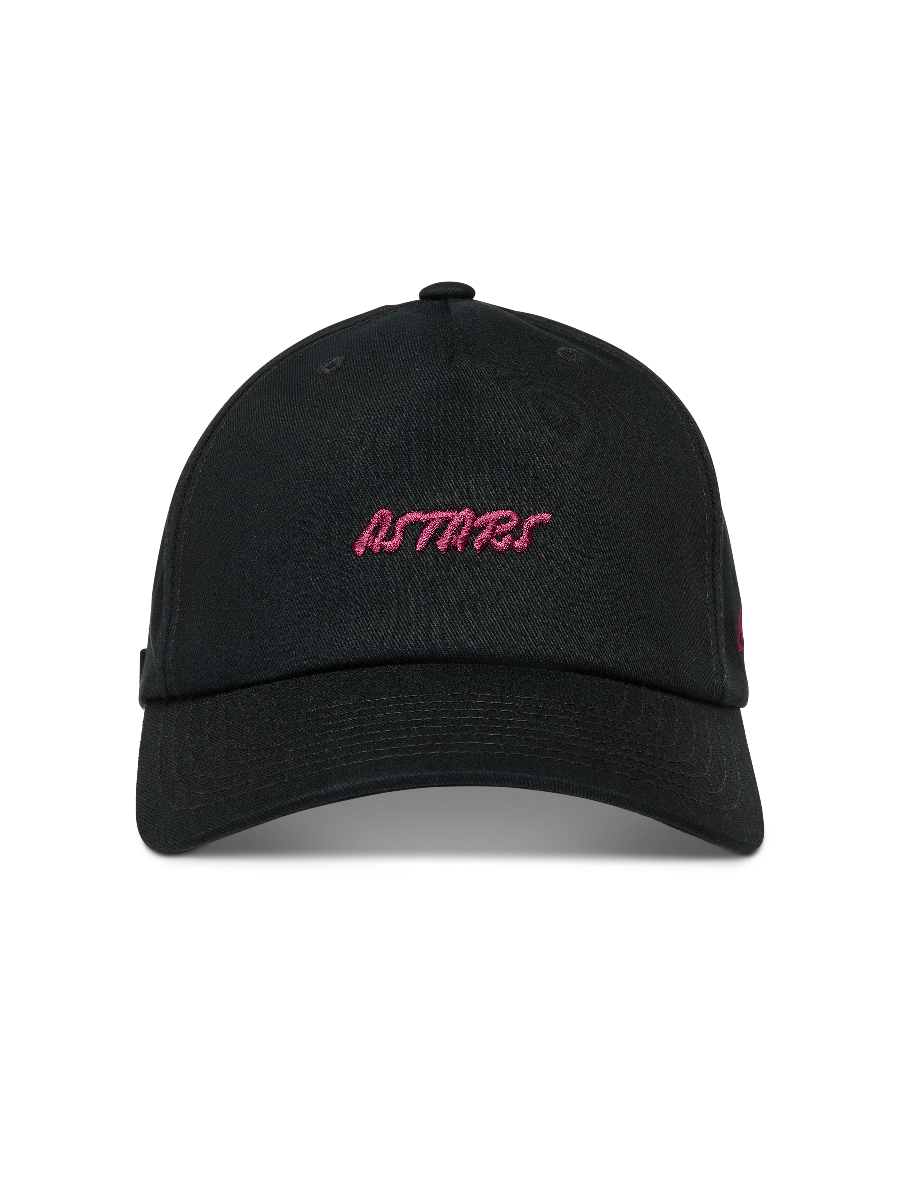 Alpinestars Explorer Strapback hatt, svart keps med rosa broderad Astars-logotyp och böjd skärm.