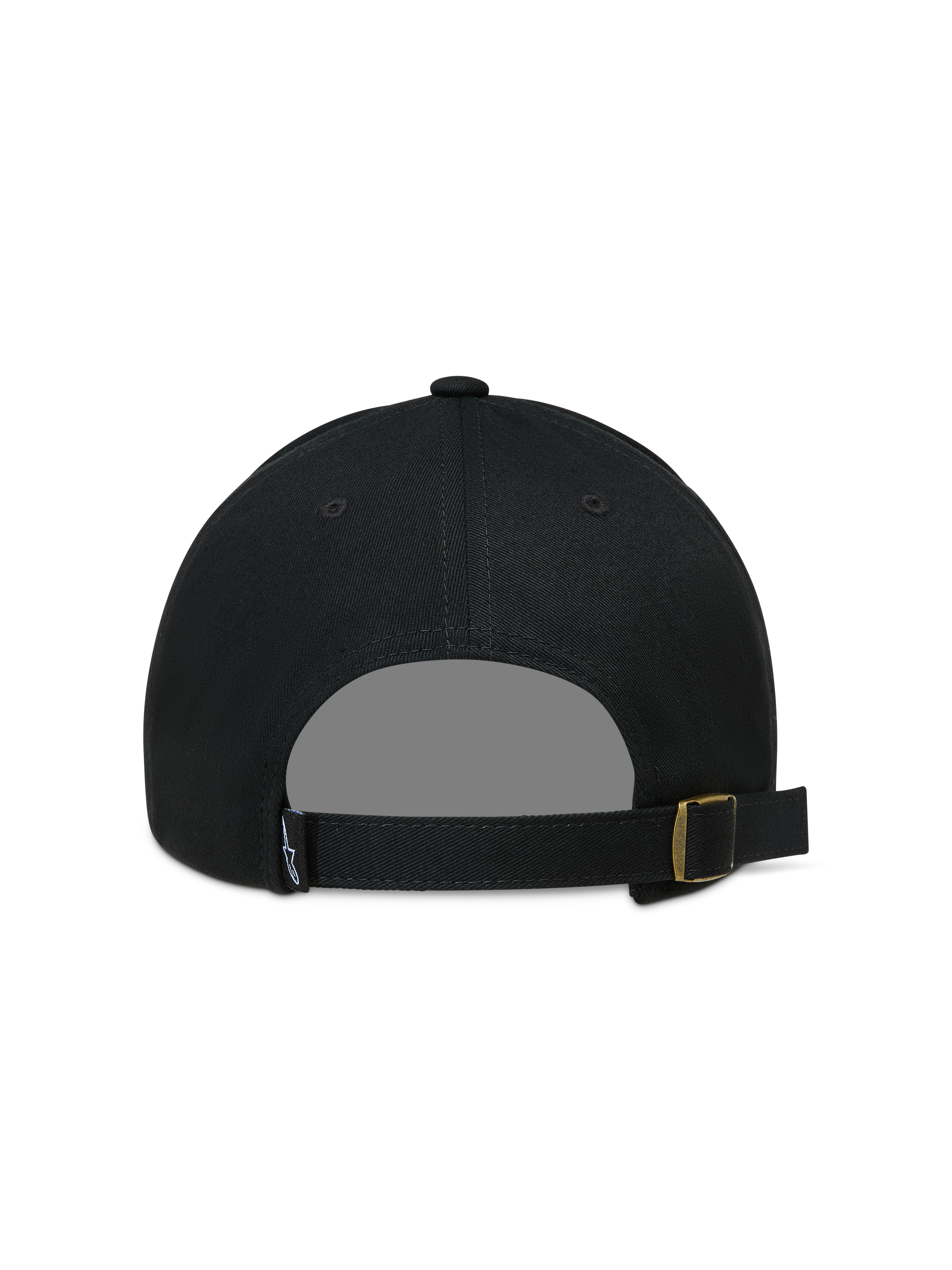 Alpinestars Explorer Strapback keps, svart keps sedd bakifrån med justerbar rem och guldtonat metallspänne.