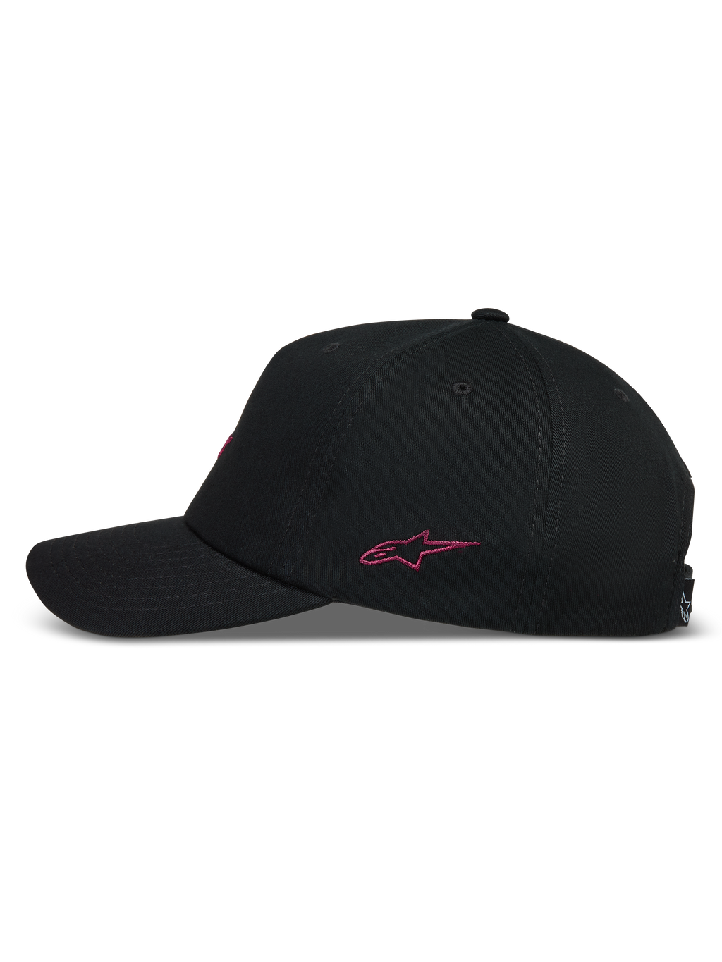Alpinestars Explorer Strapback hatt, svart sportkeps i sidovy med rosa broderad logotyp och böjd skärm.