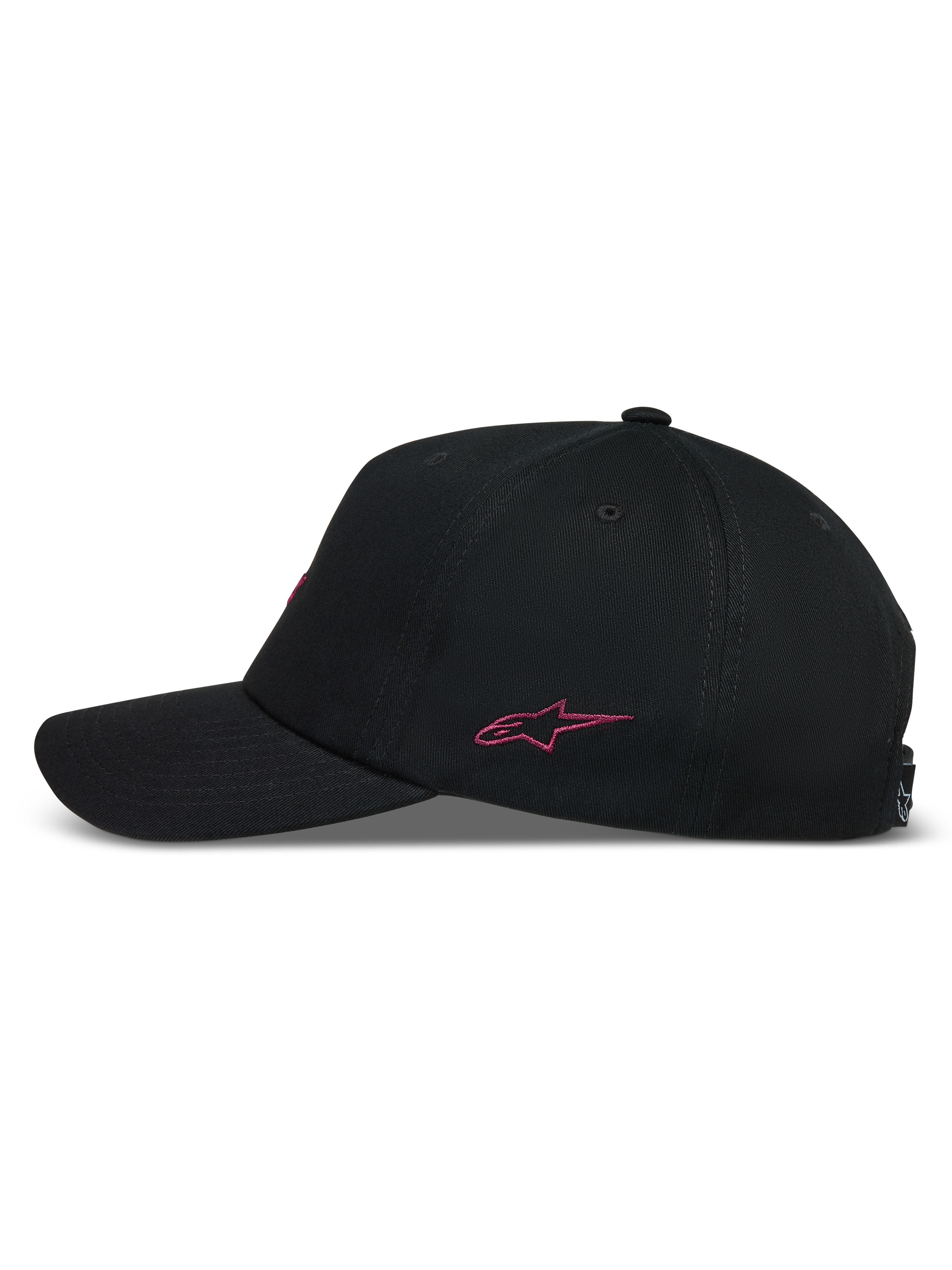 Alpinestars Explorer Strapback hatt, svart sportkeps i sidovy med rosa broderad logotyp och böjd skärm.