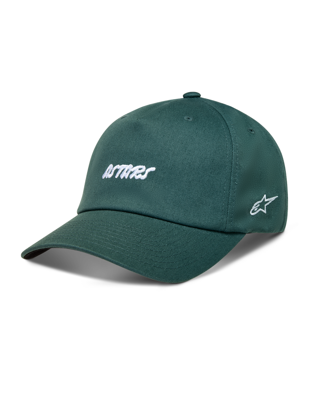 Alpinestars Explorer Strapback keps, grön bomullstwill med vit broderad Astars-logotyp och böjd skärm.