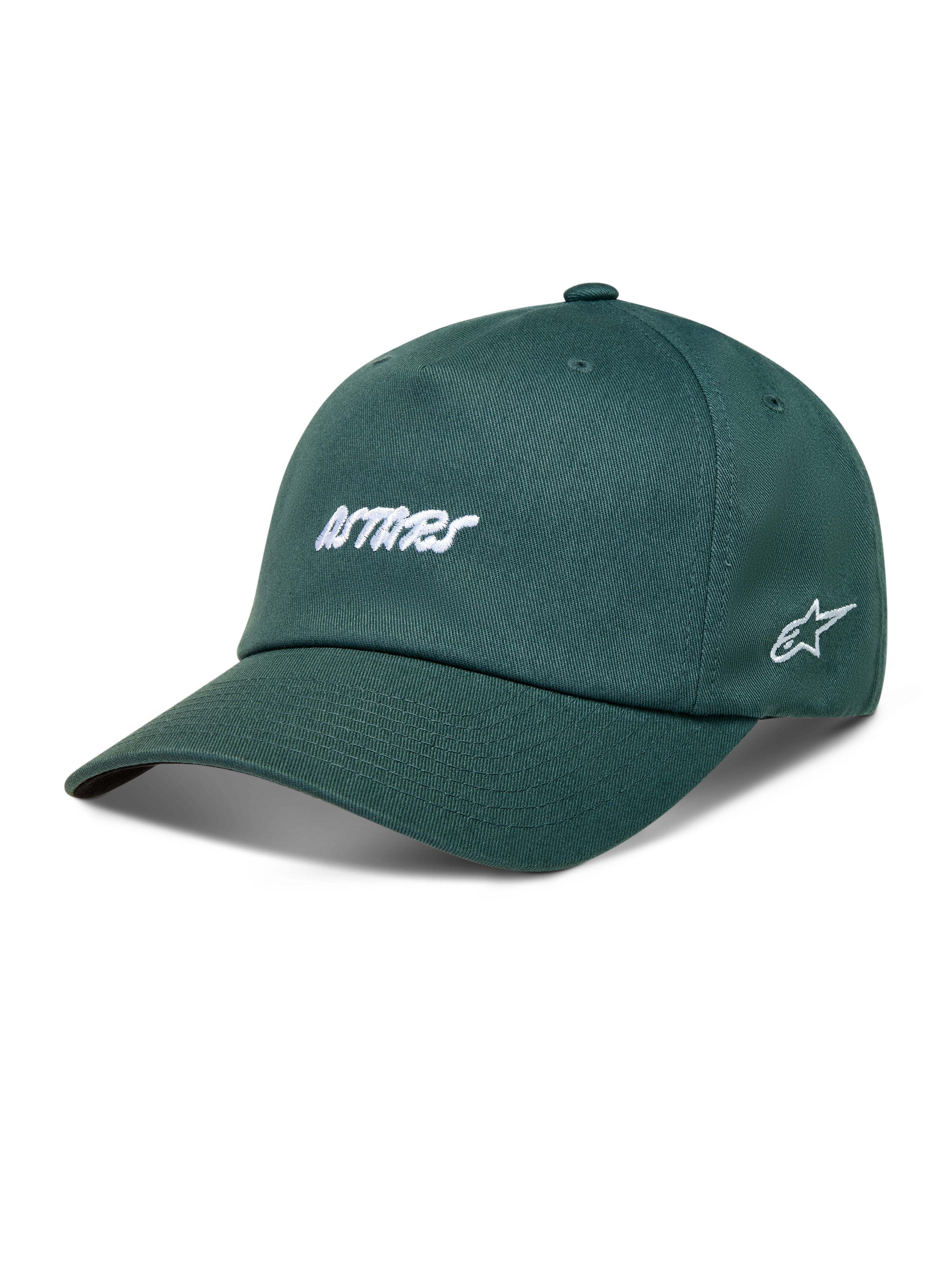 Alpinestars Explorer Strapback keps, grön bomullstwill med vit broderad Astars-logotyp och böjd skärm.