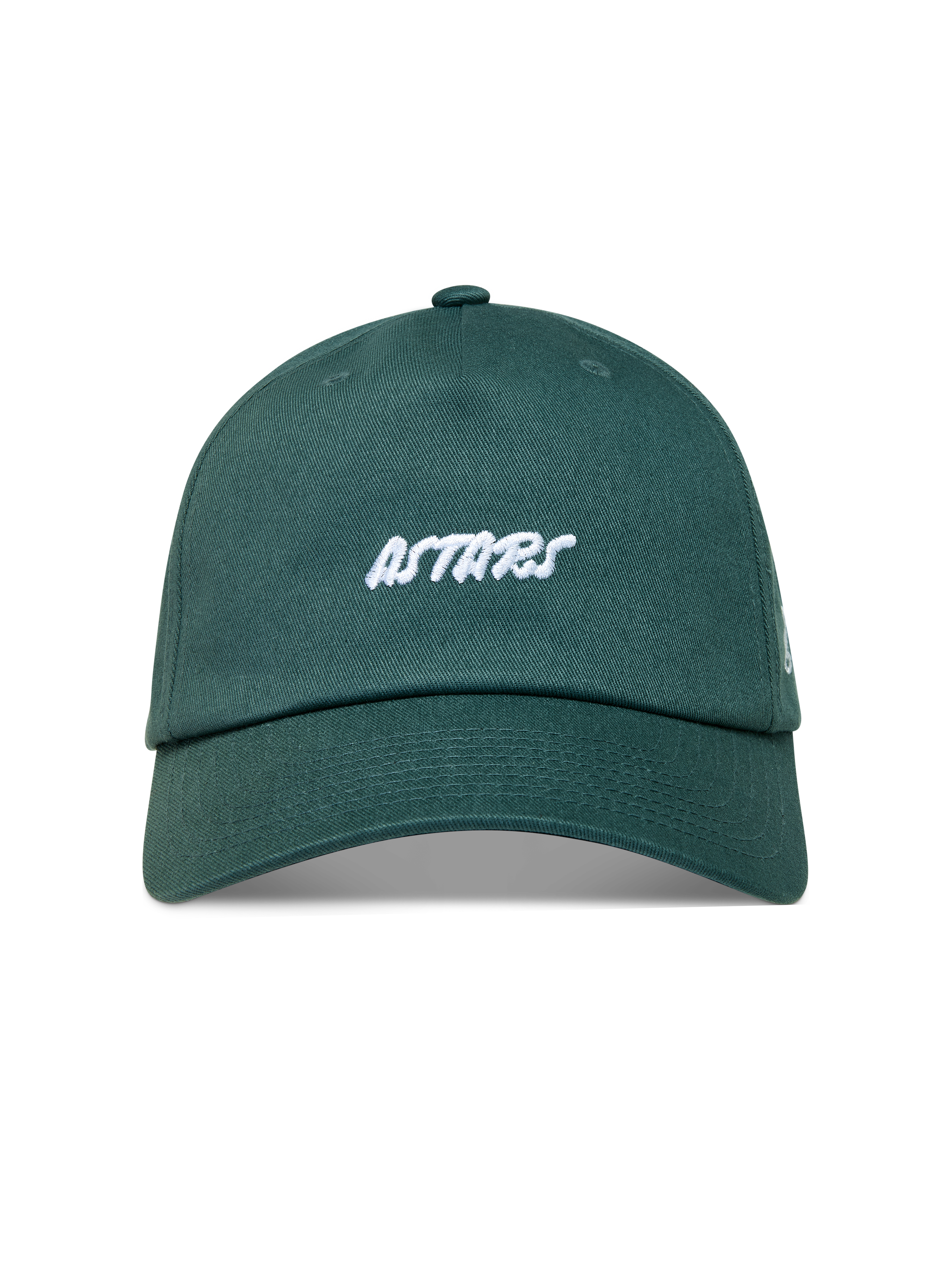 Alpinestars Explorer Strapback keps, grön sportkeps med vit broderad Astars-logotyp, böjd skärm och strukturerad krona.