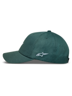 Alpinestars Explorer Strapback keps, grön med vit logotypbrodyr, böjd skärm och strukturerad krona, sidovy