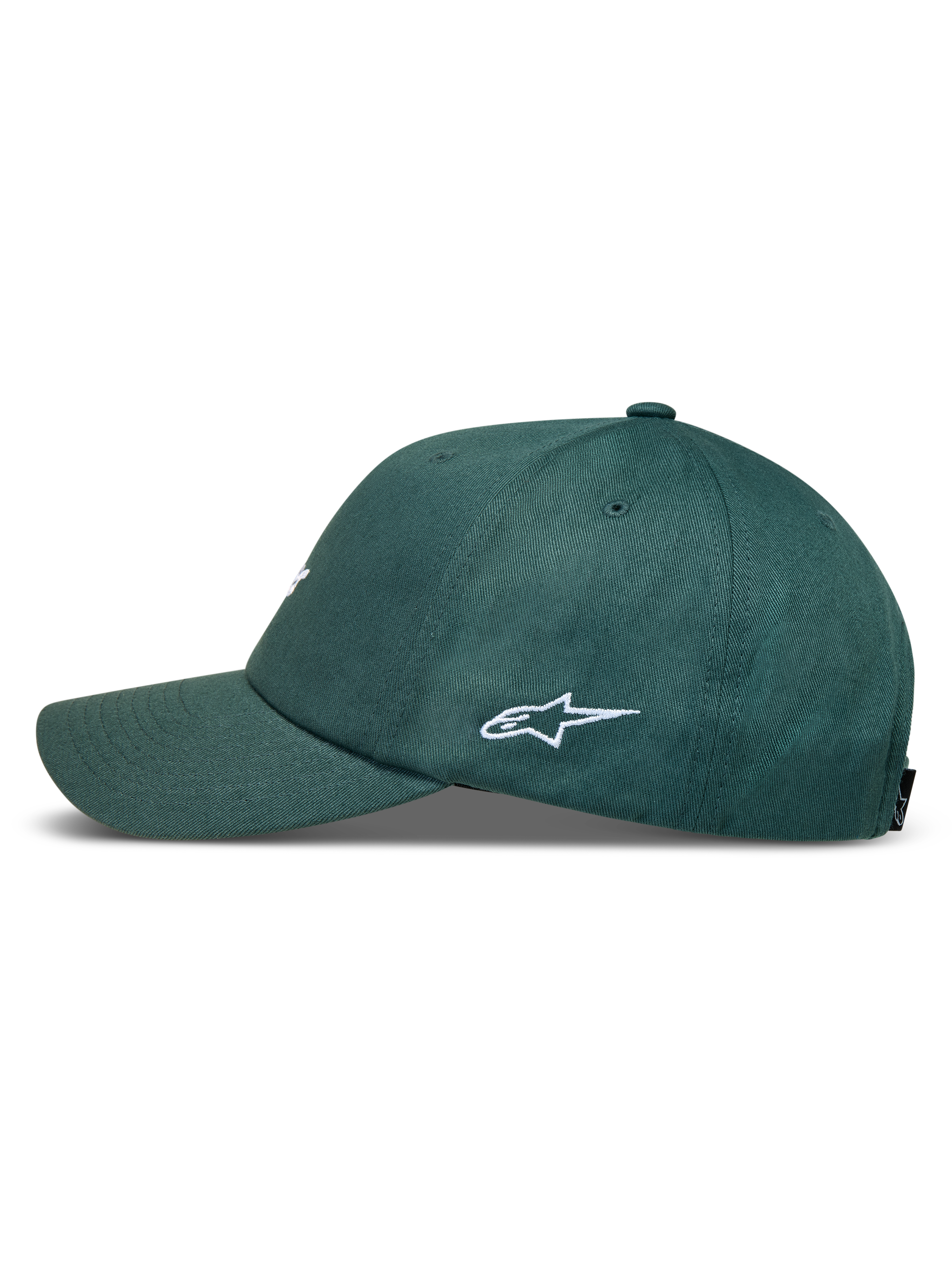 Alpinestars Explorer Strapback keps, grön med vit logotypbrodyr, böjd skärm och strukturerad krona, sidovy