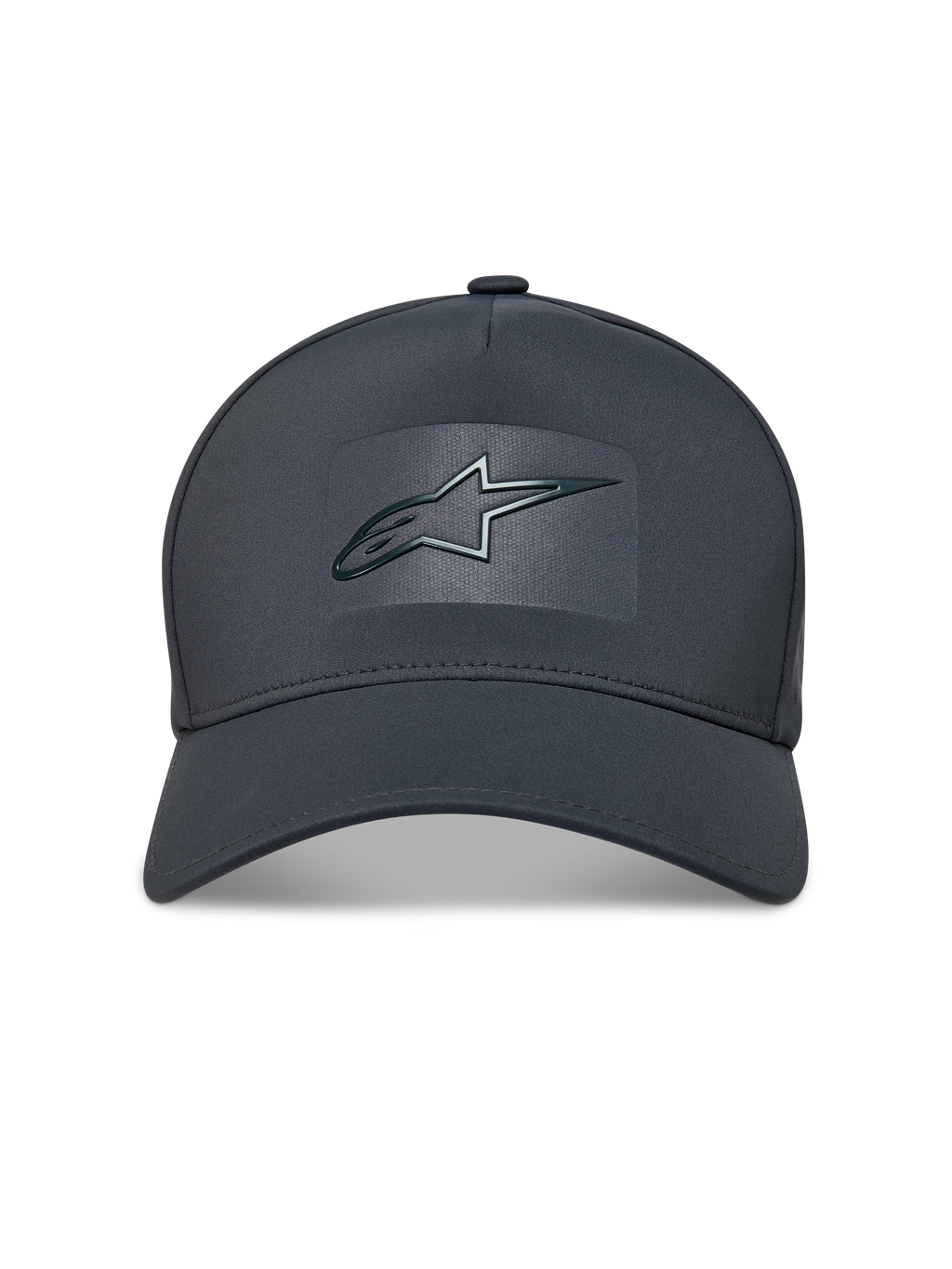 Alpinestars Algo Perf Adjustable hatt, mörkgrå keps i tekniskt material med sonic weld Astars-logotyp och böjd skärm.