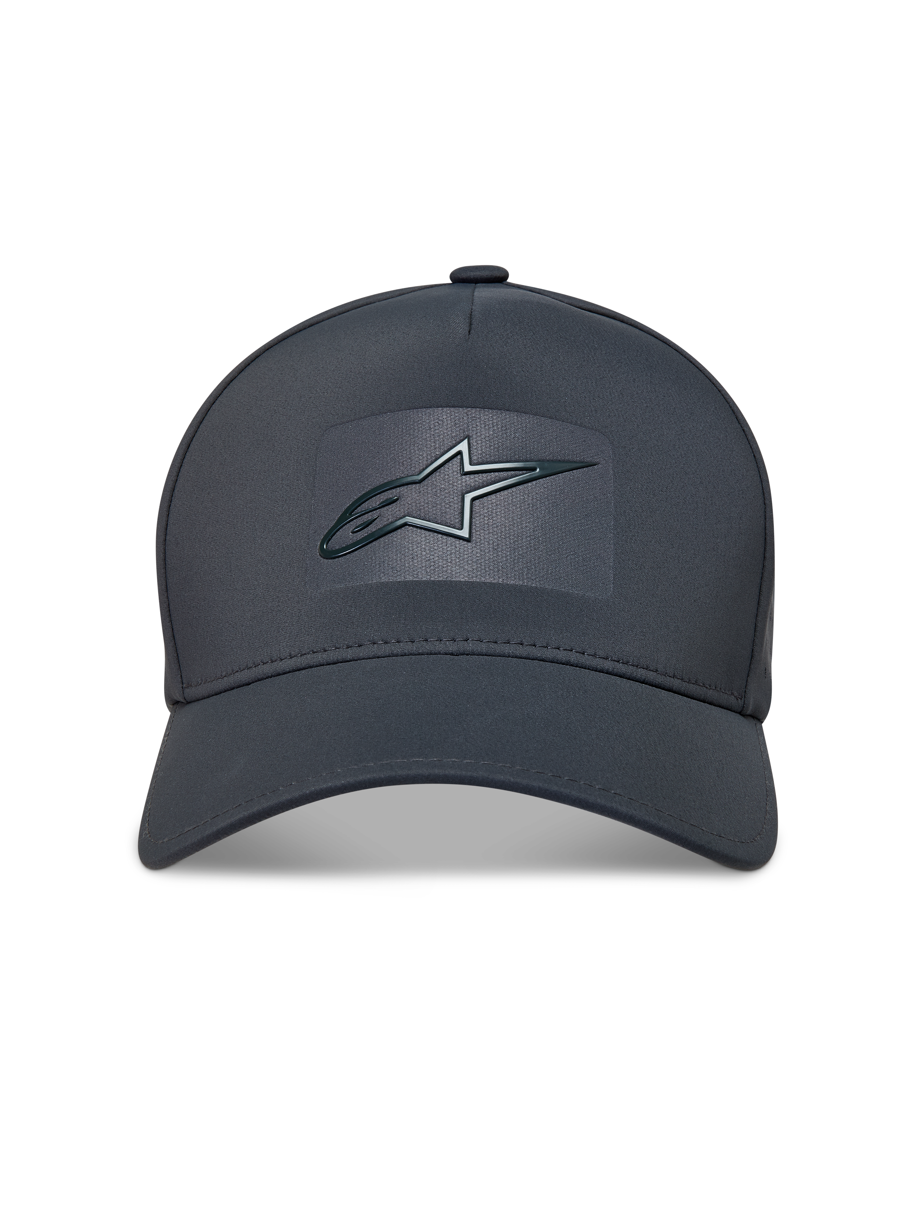 Alpinestars Algo Perf Adjustable hatt, mörkgrå keps i tekniskt material med sonic weld Astars-logotyp och böjd skärm.