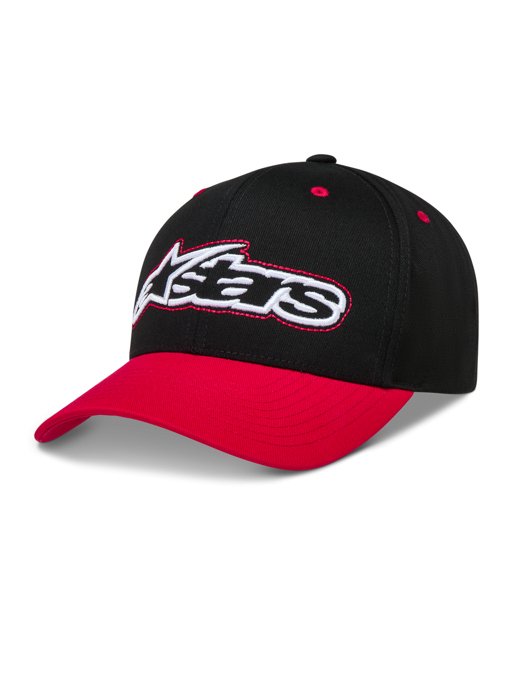 Alpinestars Retro Snapback hatt, svart och röd keps med böjd skärm och broderad Astars-logotyp.