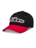 Alpinestars Retro Snapback hatt, svart och röd keps med böjd skärm och broderad Astars-logotyp.
