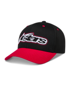 Alpinestars Retro Snapback hatt, svart och röd keps med böjd skärm och broderad Astars-logotyp.