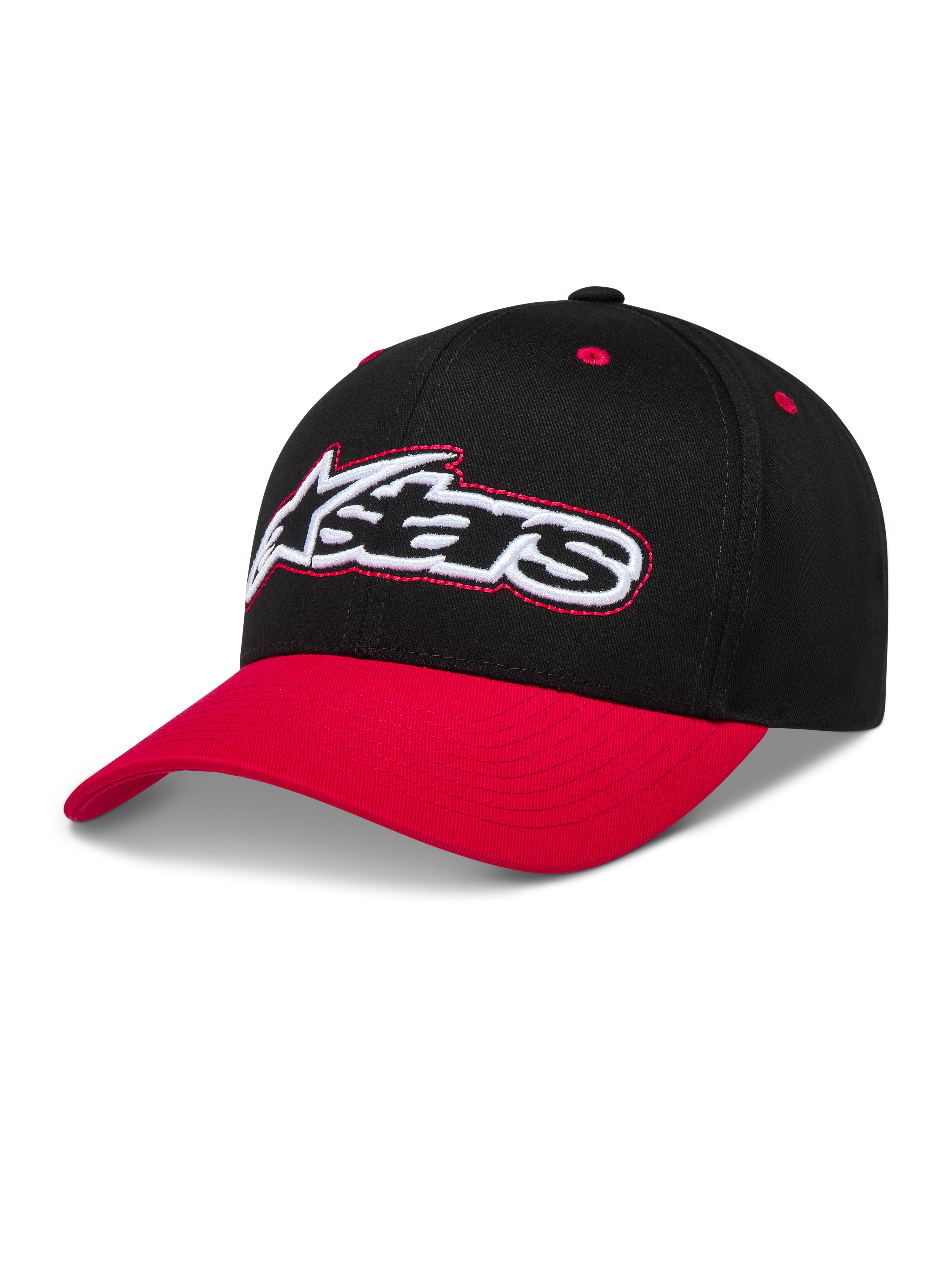 Alpinestars Retro Snapback hatt, svart och röd keps med böjd skärm och broderad Astars-logotyp.