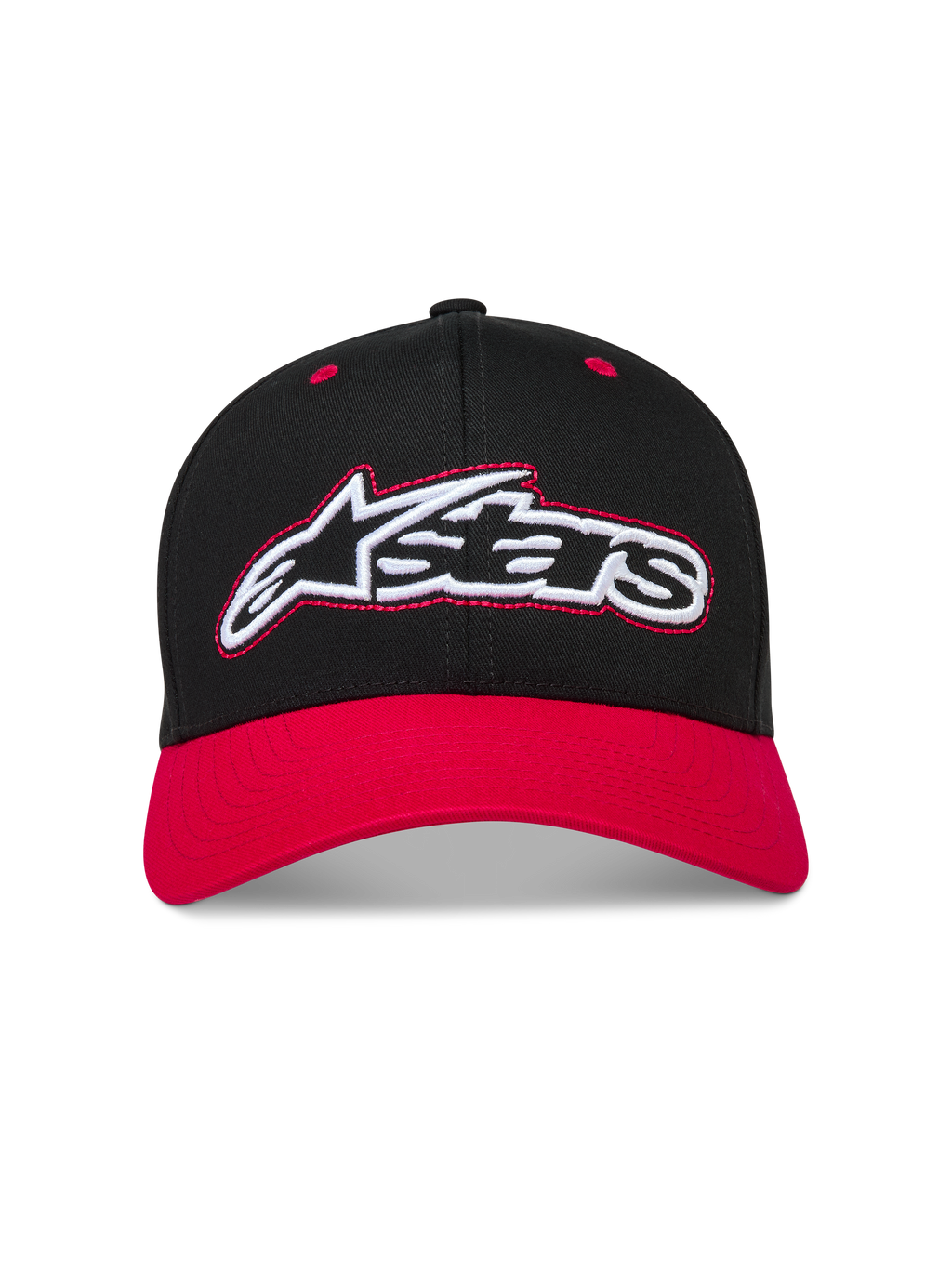 Alpinestars Retro Snapback keps, svart och röd motorsportkeps med böjd skärm och broderad Astars-logotyp i retrostil.