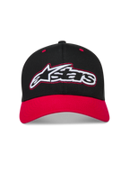 Alpinestars Retro Snapback keps, svart och röd motorsportkeps med böjd skärm och broderad Astars-logotyp i retrostil.