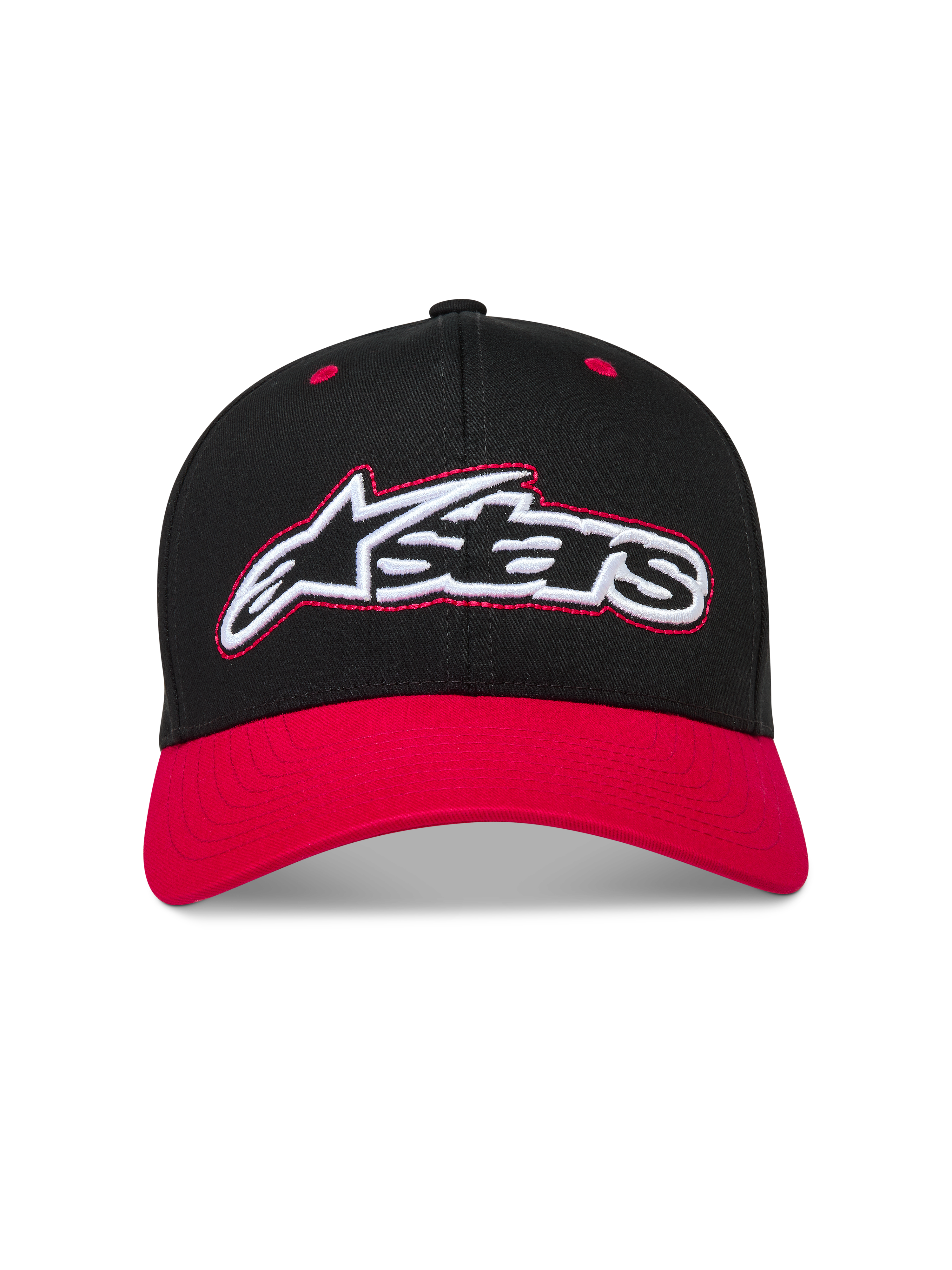 Alpinestars Retro Snapback keps, svart och röd motorsportkeps med böjd skärm och broderad Astars-logotyp i retrostil.