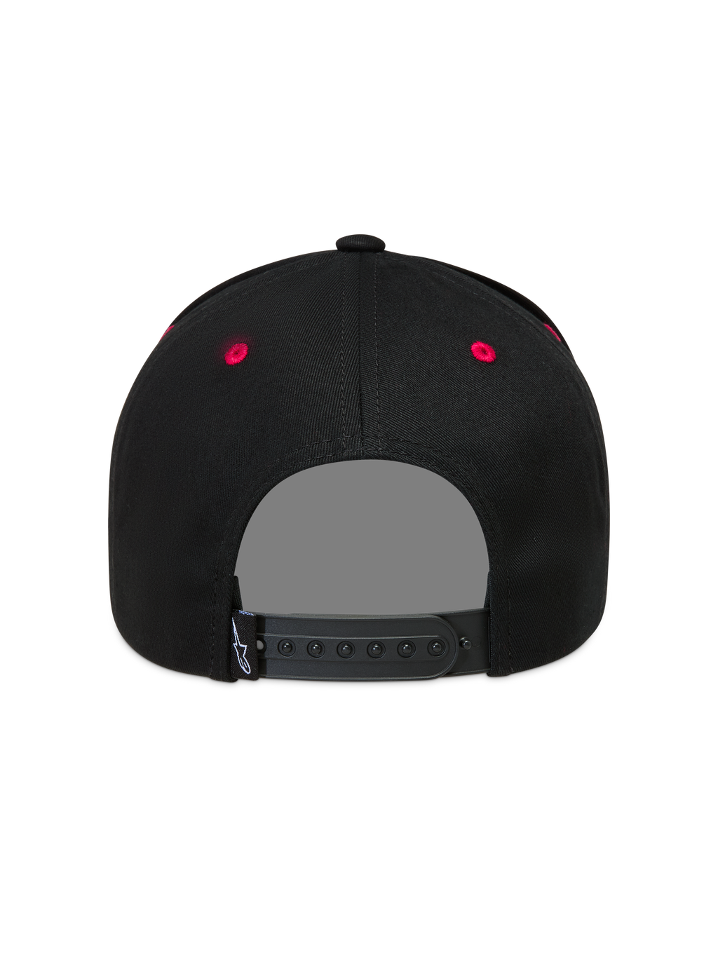 Alpinestars Retro Snapback hatt, svart och röd sportkeps bakifrån med justerbart spänne och röda öljetter.